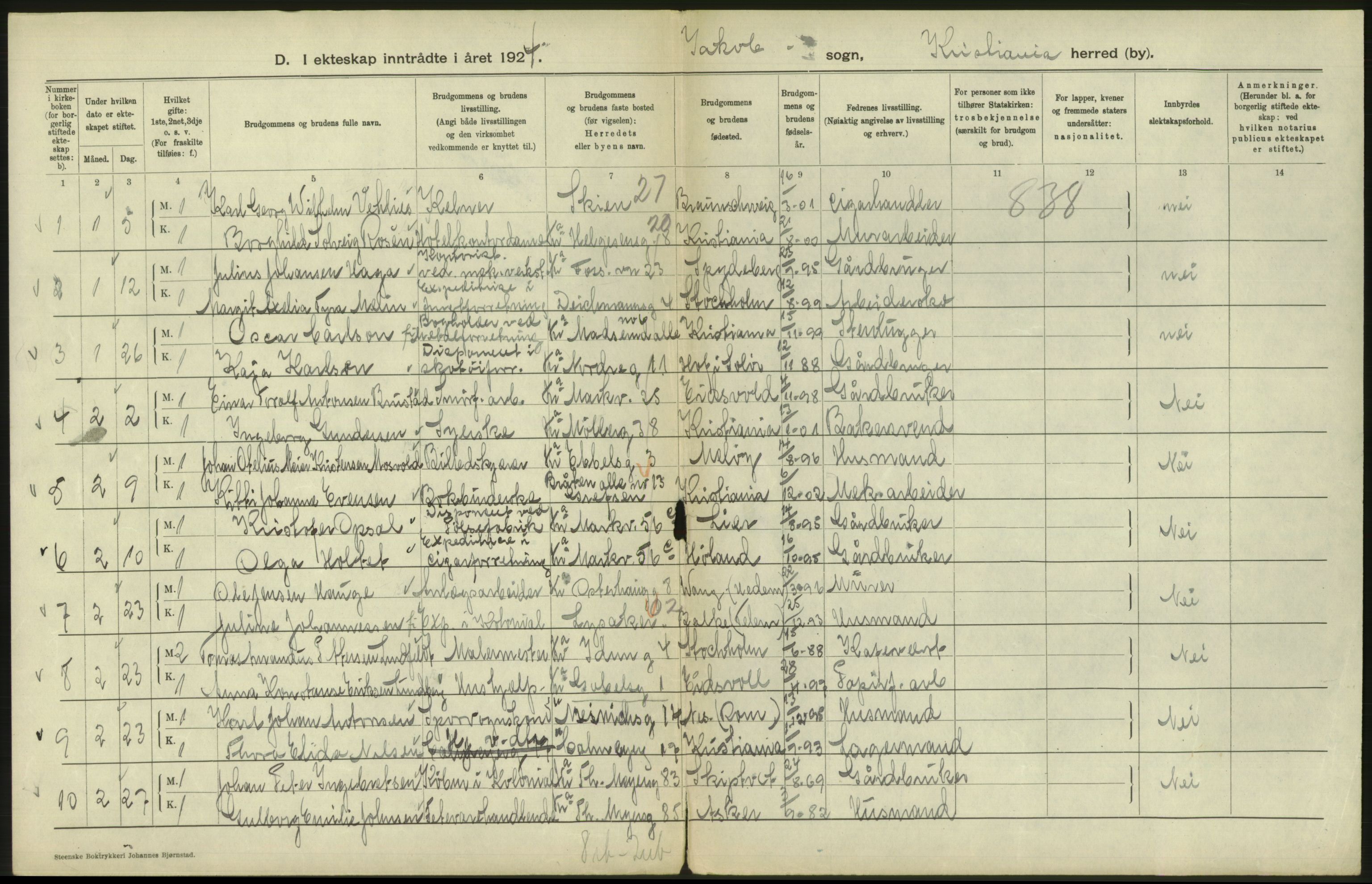 Statistisk sentralbyrå, Sosiodemografiske emner, Befolkning, AV/RA-S-2228/D/Df/Dfc/Dfcd/L0007: Kristiania: Gifte, 1924, p. 328