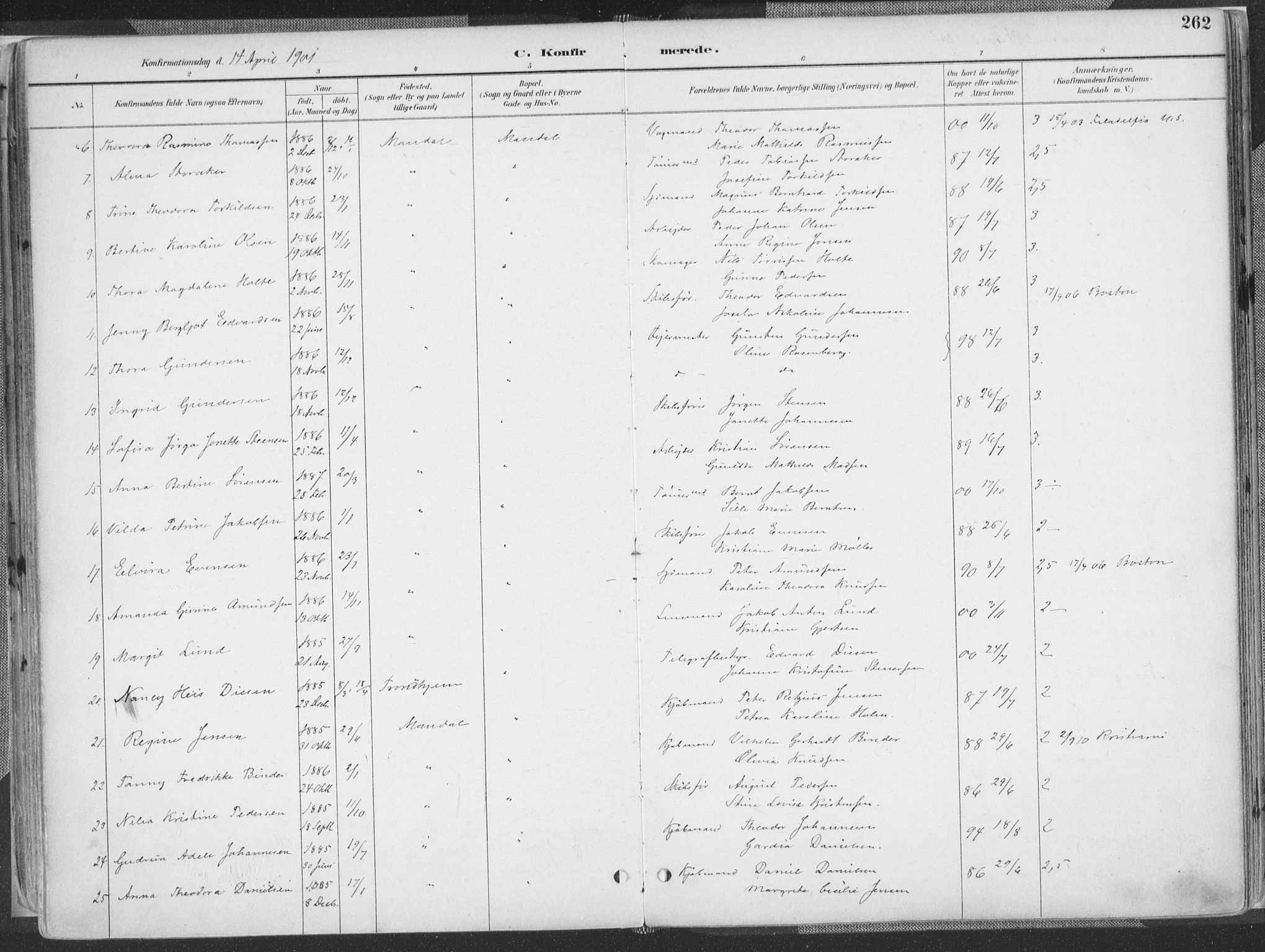 Mandal sokneprestkontor, AV/SAK-1111-0030/F/Fa/Faa/L0018: Parish register (official) no. A 18, 1890-1905, p. 262