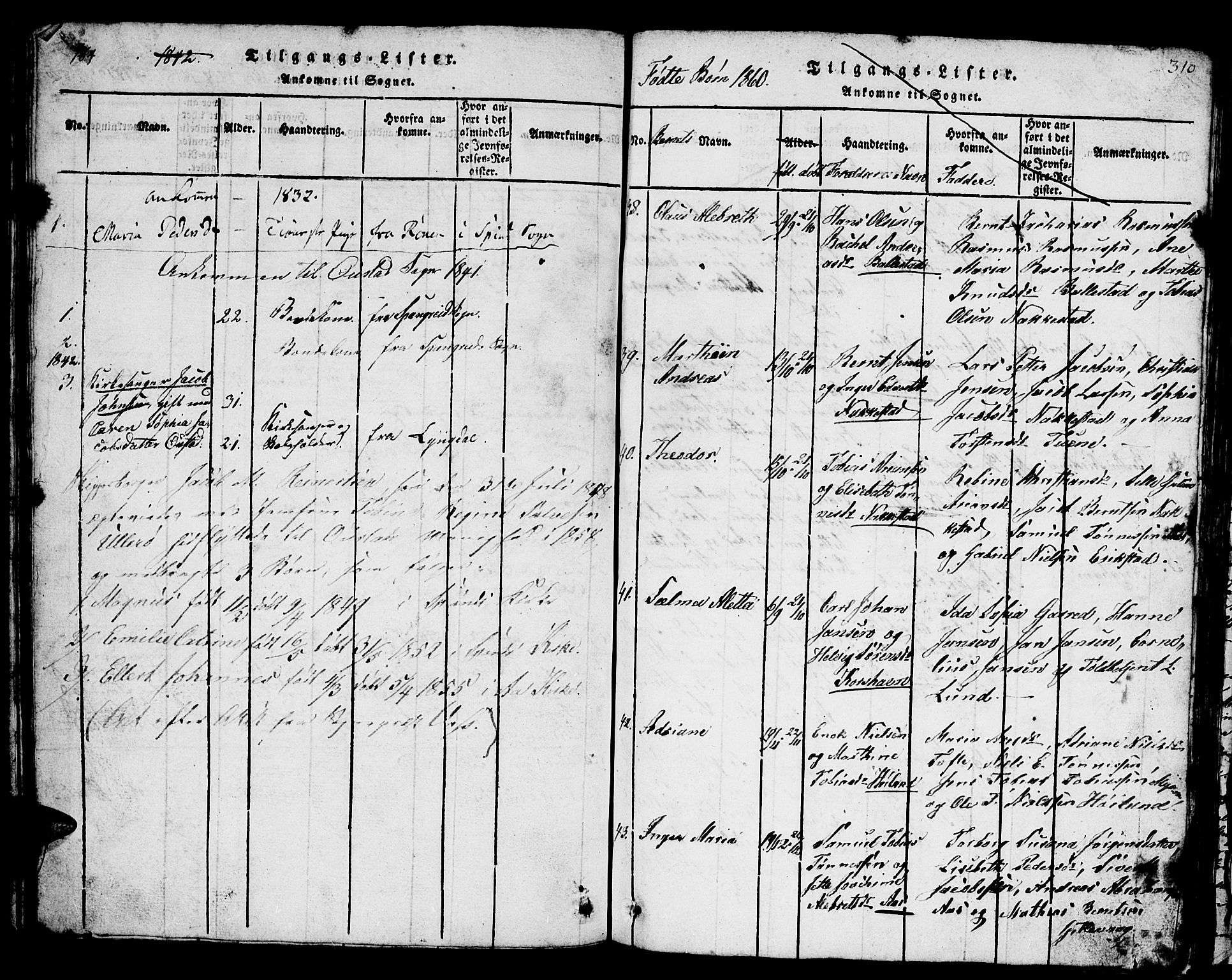 Lyngdal sokneprestkontor, SAK/1111-0029/F/Fb/Fba/L0001: Parish register (copy) no. B 1, 1816-1876, p. 310