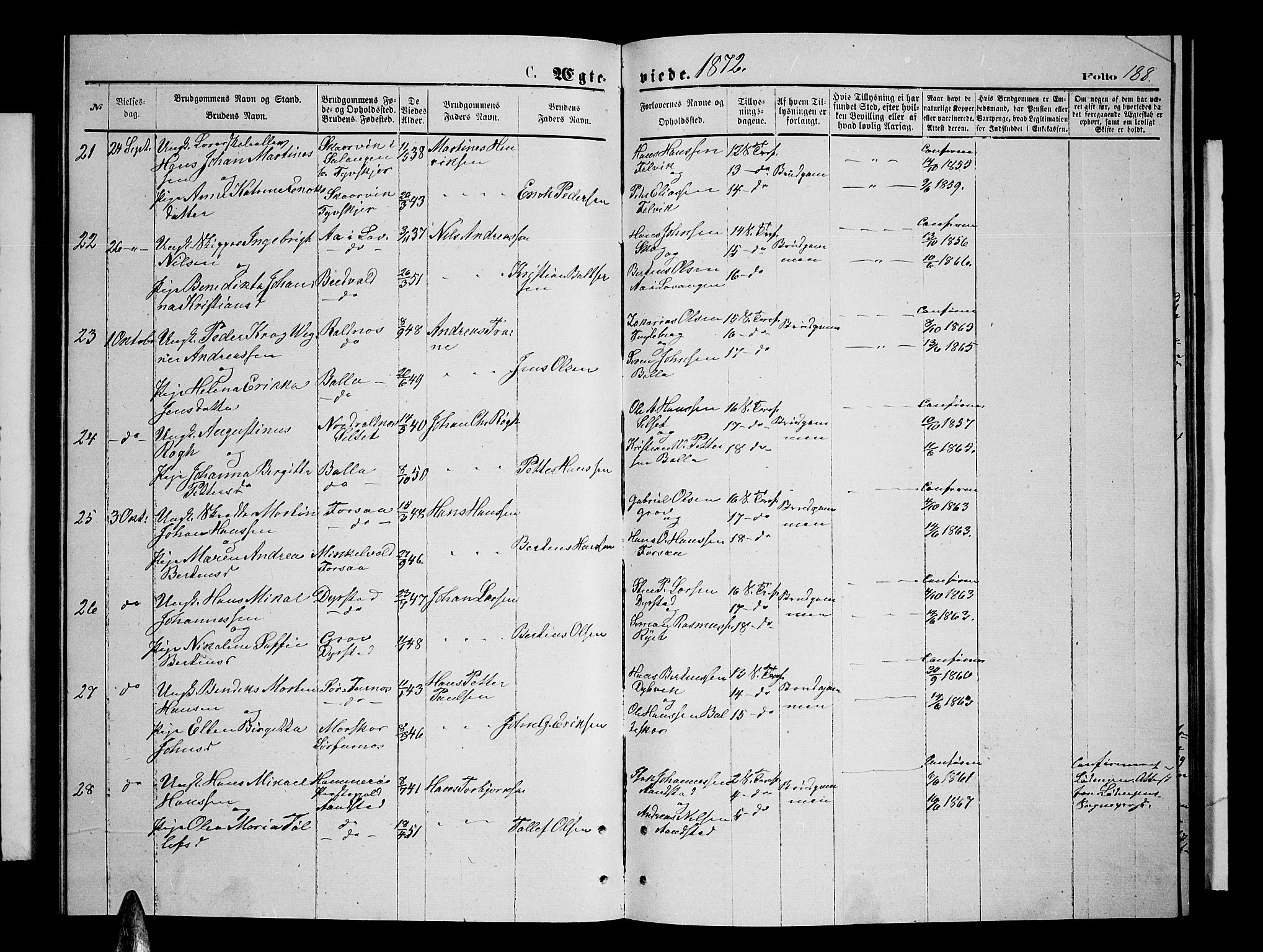 Ibestad sokneprestembete, SATØ/S-0077/H/Ha/Hab/L0006klokker: Parish register (copy) no. 6, 1871-1879, p. 188