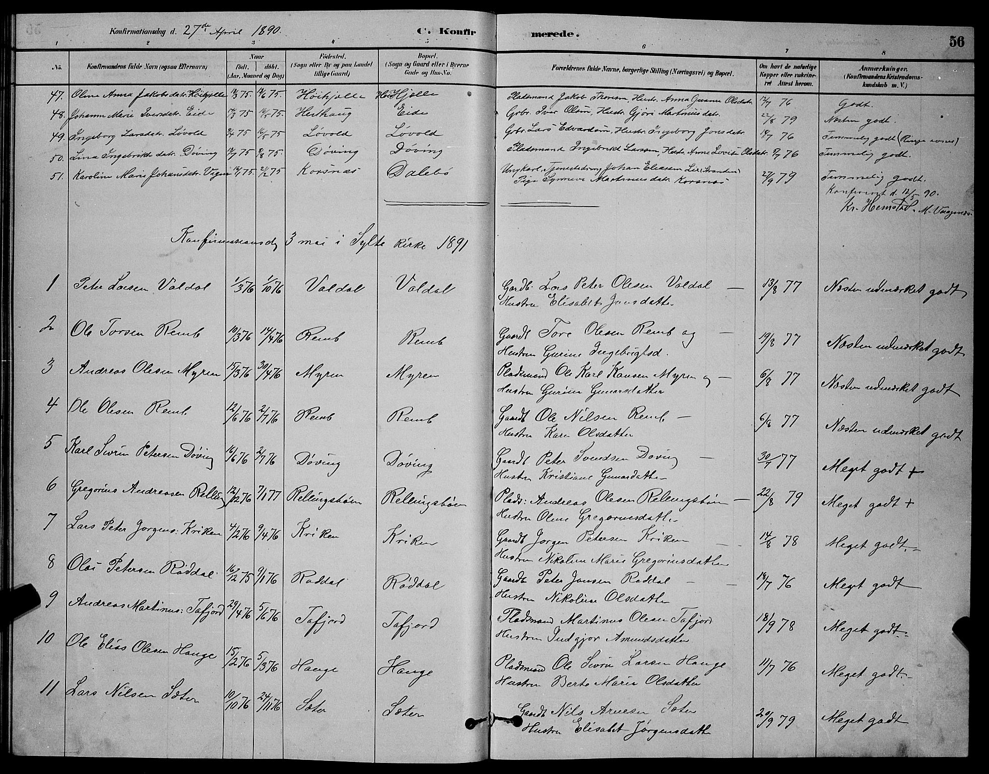 Ministerialprotokoller, klokkerbøker og fødselsregistre - Møre og Romsdal, AV/SAT-A-1454/519/L0263: Parish register (copy) no. 519C04, 1885-1892, p. 56