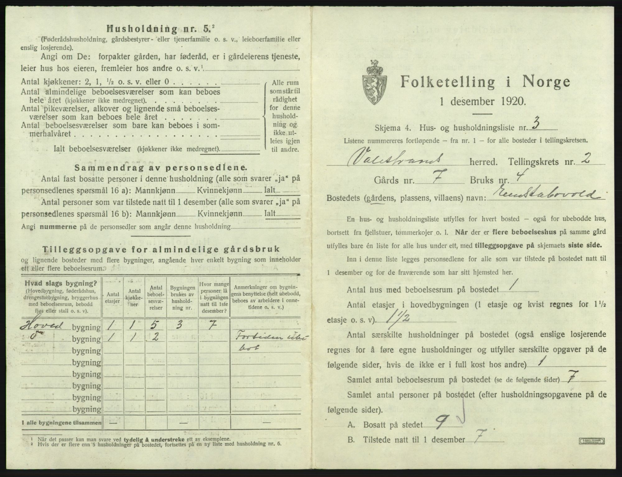 SAB, 1920 census for Valestrand, 1920, p. 91