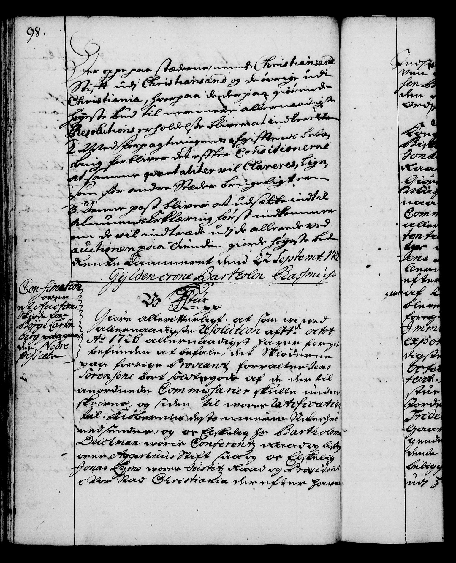 Rentekammeret, Kammerkanselliet, RA/EA-3111/G/Gg/Gga/L0003: Norsk ekspedisjonsprotokoll med register (merket RK 53.3), 1727-1734, p. 98