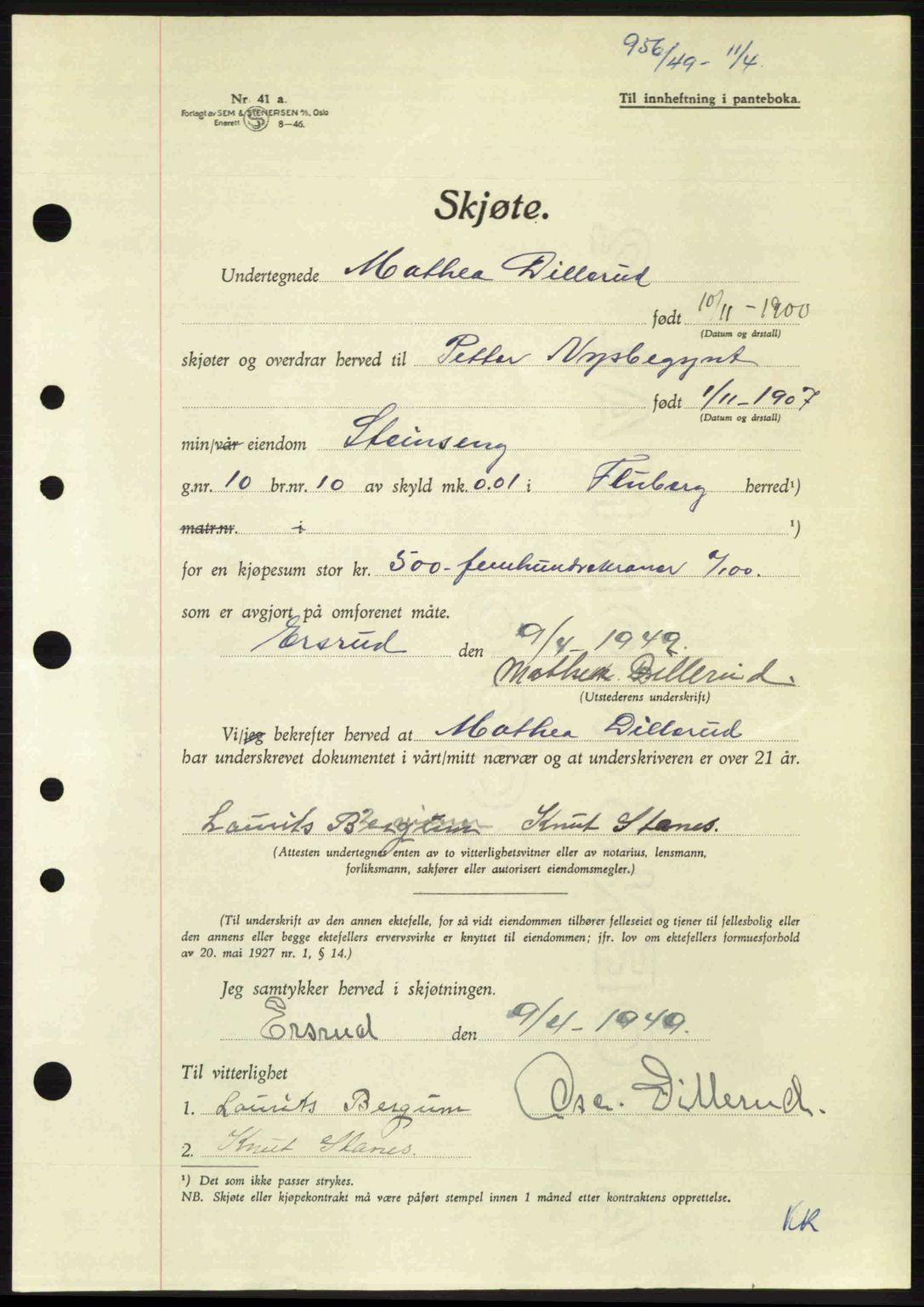 Hadeland og Land tingrett, AV/SAH-TING-010/H/Hb/Hbb/L0098: Mortgage book no. A98, 1949-1949, Diary no: : 956/1949