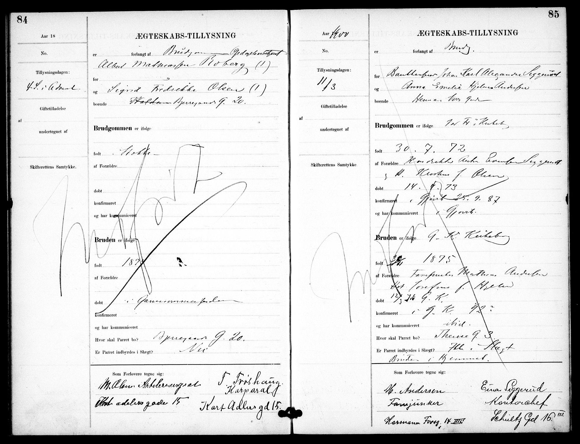 Garnisonsmenigheten Kirkebøker, SAO/A-10846/H/Ha/L0008: Banns register no. I 8, 1894-1908, p. 84-85