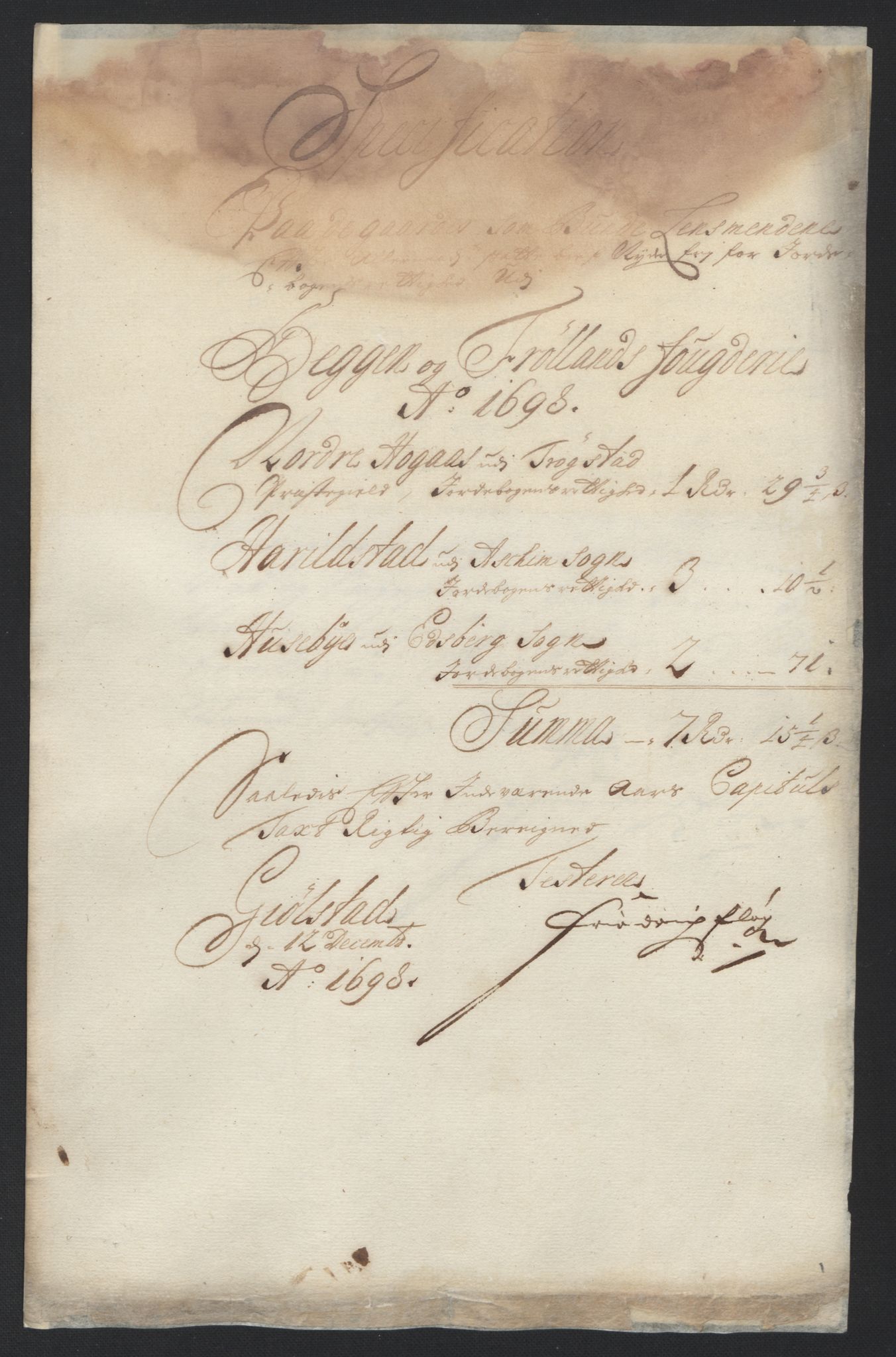 Rentekammeret inntil 1814, Reviderte regnskaper, Fogderegnskap, AV/RA-EA-4092/R07/L0288: Fogderegnskap Rakkestad, Heggen og Frøland, 1698, p. 296