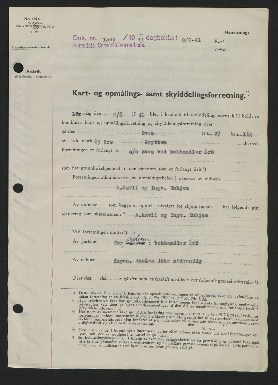 Romsdal sorenskriveri, AV/SAT-A-4149/1/2/2C: Mortgage book no. A10, 1941-1941, Diary no: : 1569/1941