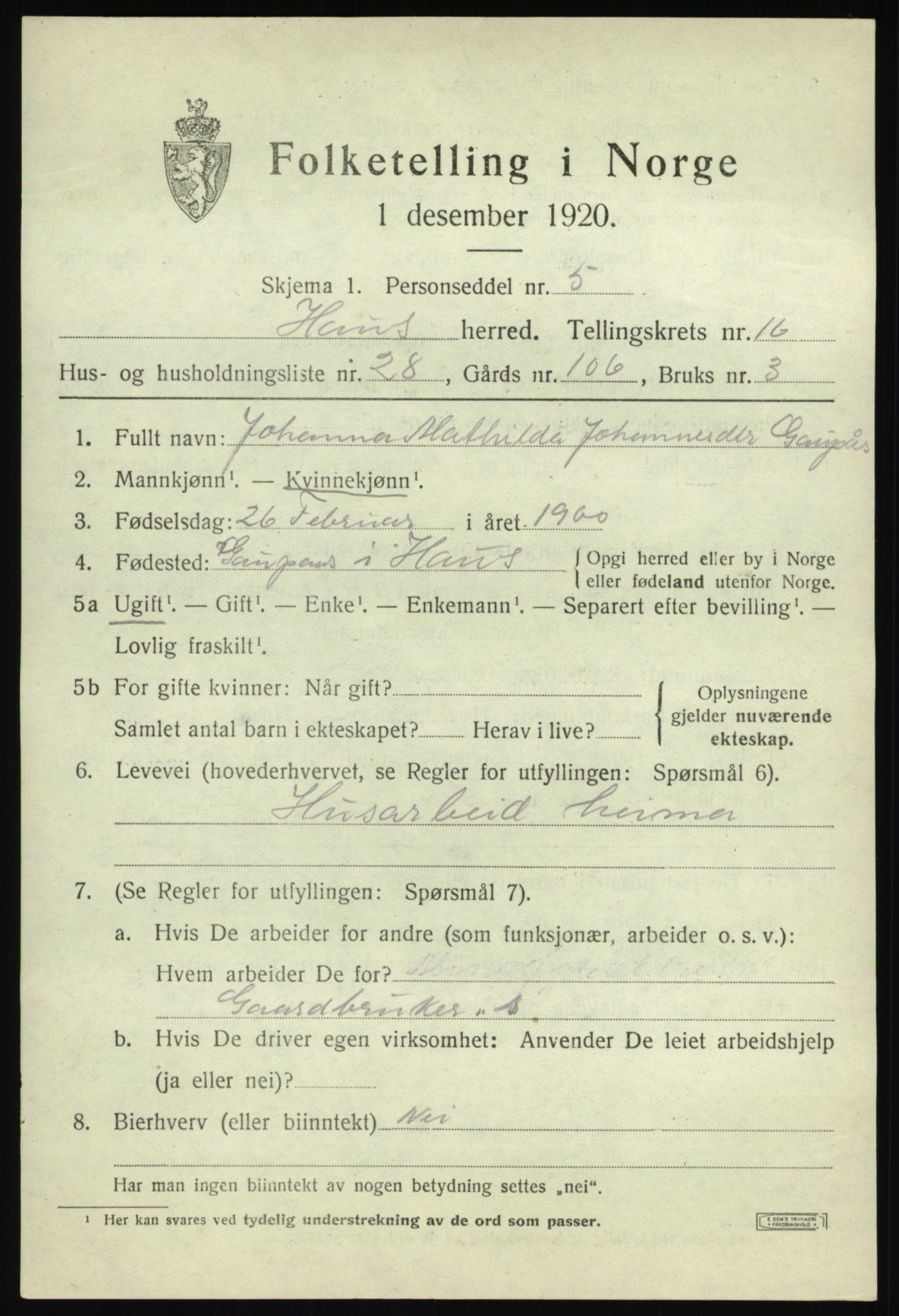 SAB, 1920 census for Haus, 1920, p. 10724