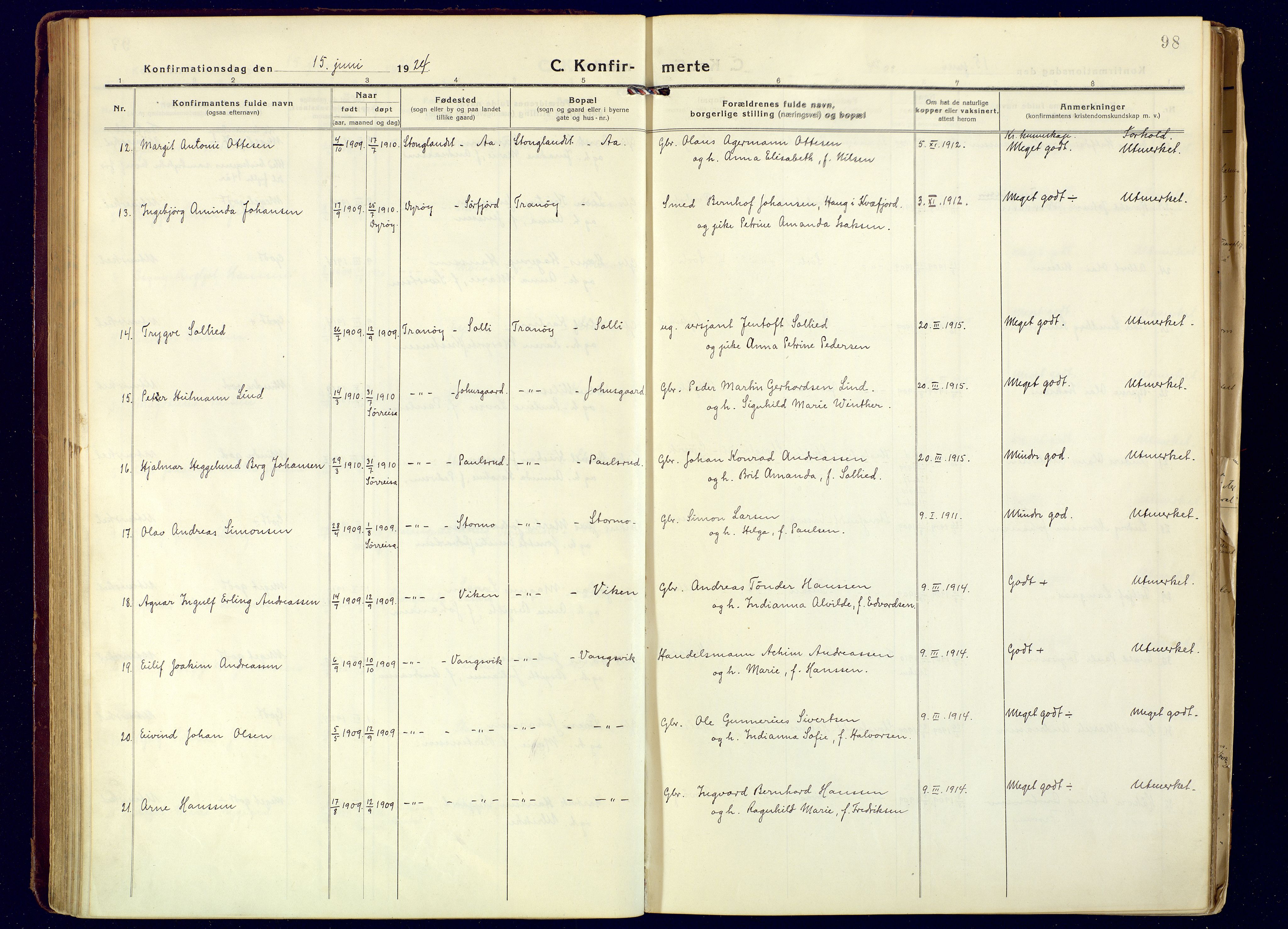 Tranøy sokneprestkontor, AV/SATØ-S-1313/I/Ia/Iaa/L0016kirke: Parish register (official) no. 16, 1919-1932, p. 98