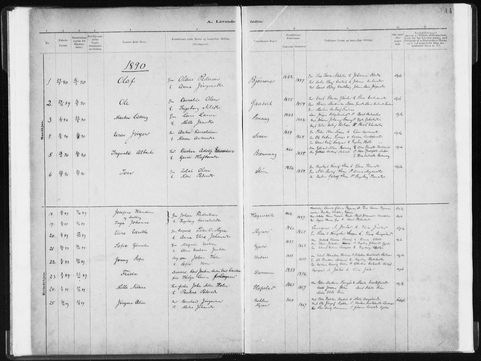 Ministerialprotokoller, klokkerbøker og fødselsregistre - Sør-Trøndelag, SAT/A-1456/634/L0533: Parish register (official) no. 634A09, 1882-1901, p. 44