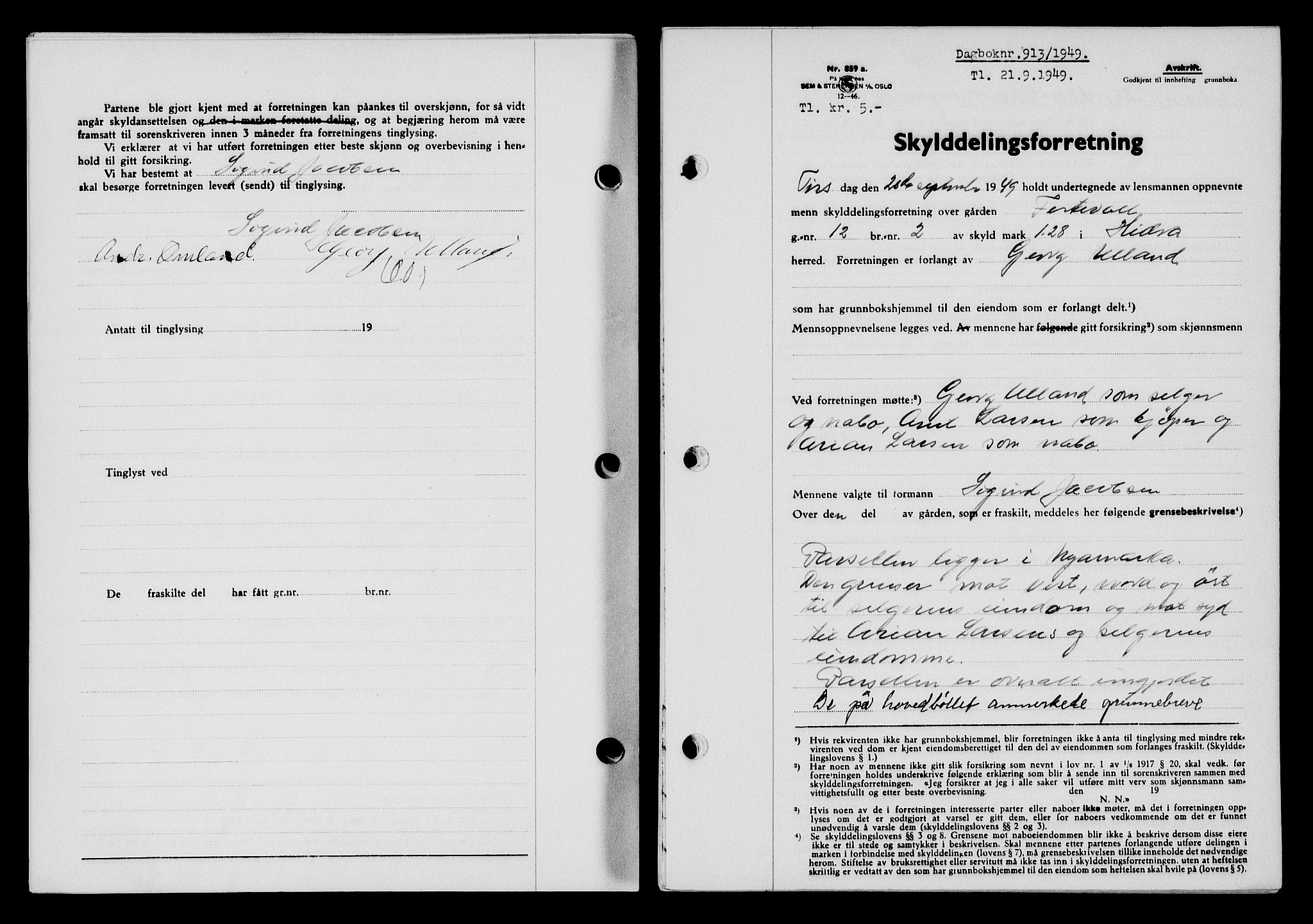 Flekkefjord sorenskriveri, SAK/1221-0001/G/Gb/Gba/L0065: Mortgage book no. A-13, 1949-1949, Diary no: : 913/1949