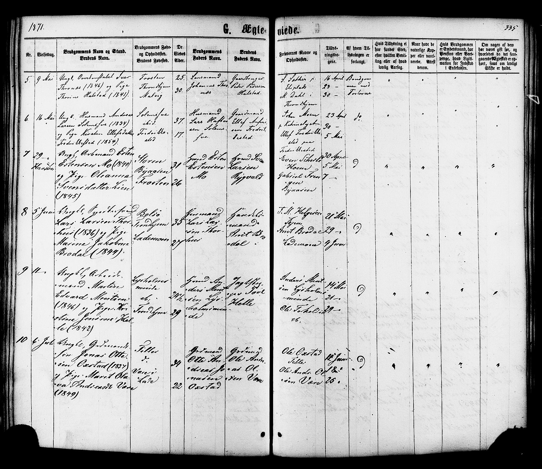 Ministerialprotokoller, klokkerbøker og fødselsregistre - Sør-Trøndelag, SAT/A-1456/606/L0293: Parish register (official) no. 606A08, 1866-1877, p. 335