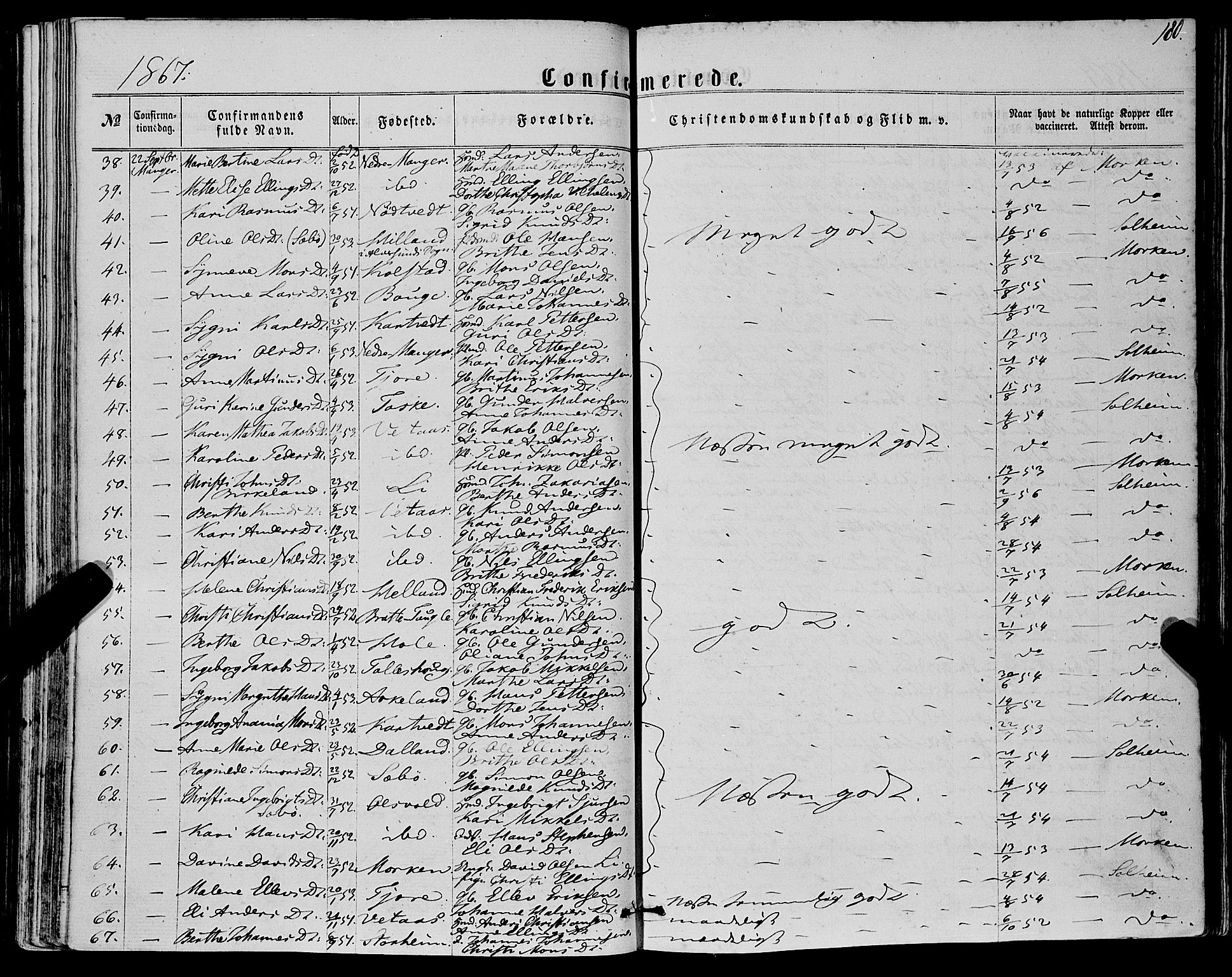 Manger sokneprestembete, AV/SAB-A-76801/H/Haa: Parish register (official) no. A 7, 1860-1870, p. 180