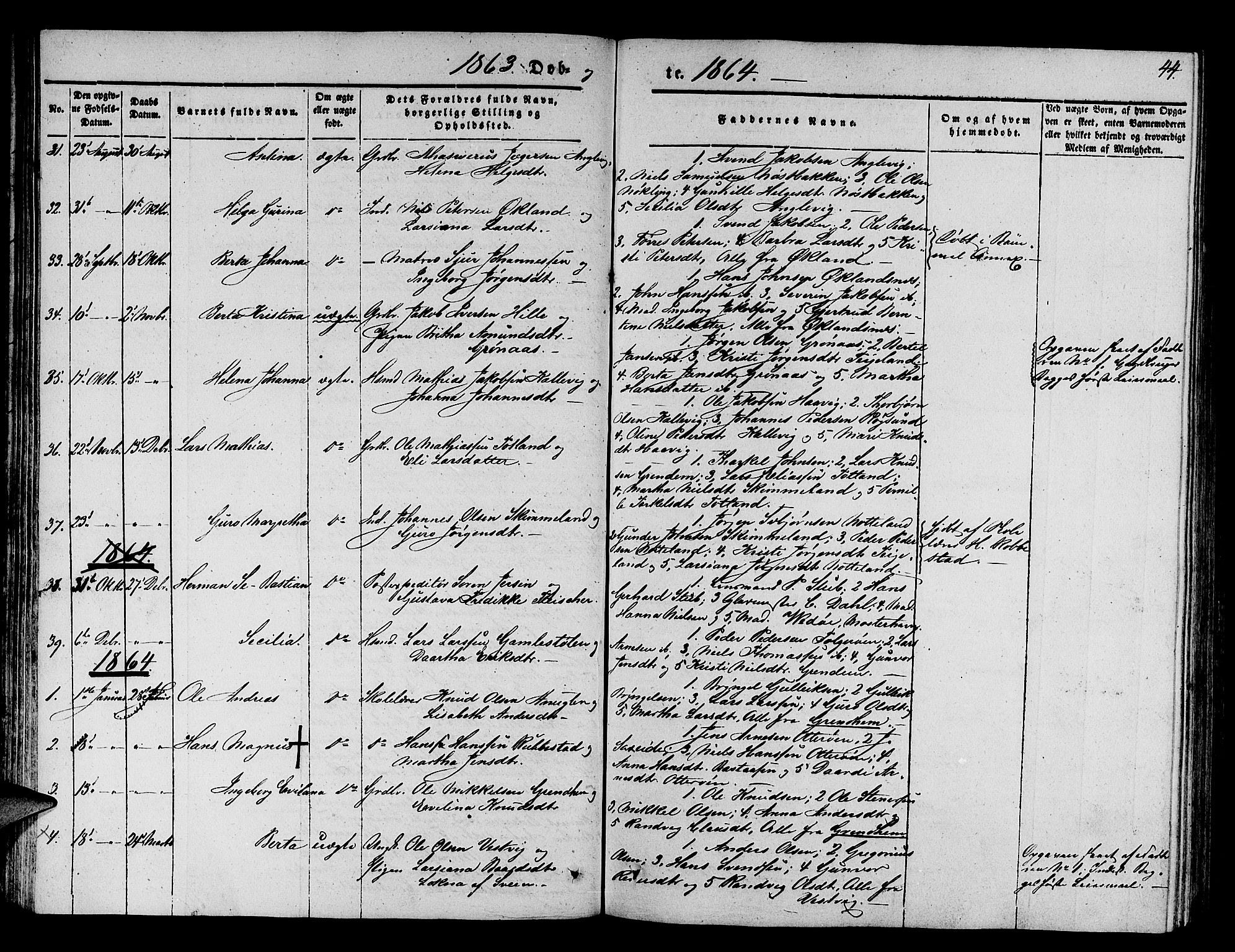 Finnås sokneprestembete, SAB/A-99925/H/Ha/Hab/Haba/L0001: Parish register (copy) no. A 1, 1851-1873, p. 44