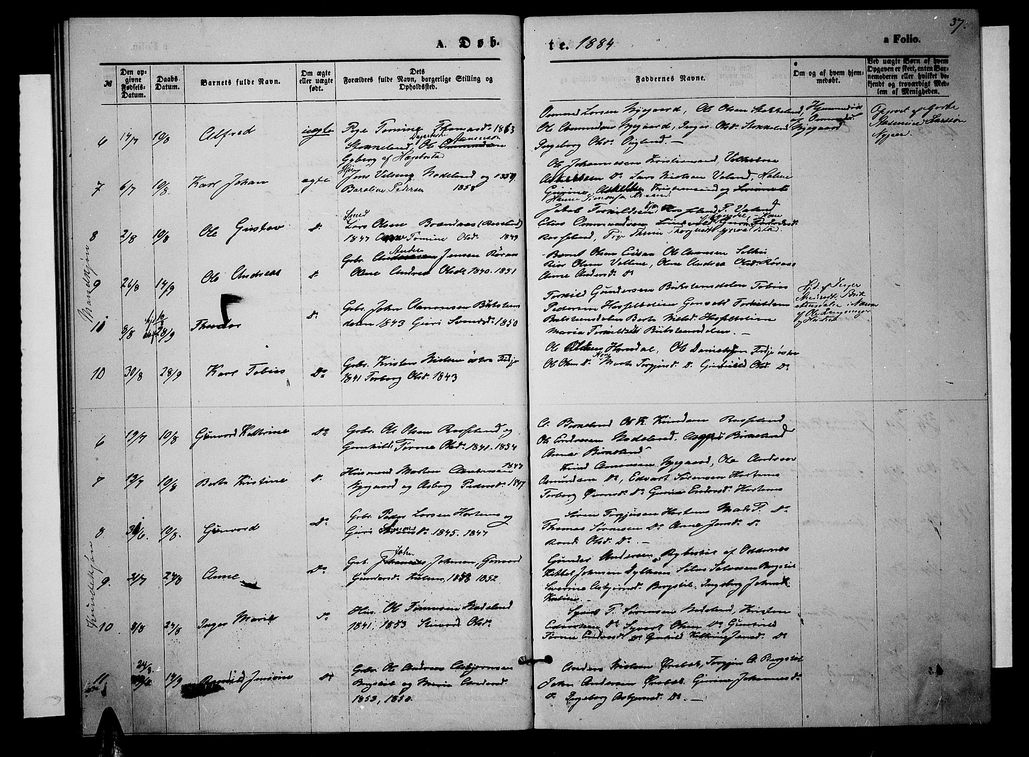 Søgne sokneprestkontor, SAK/1111-0037/F/Fb/Fba/L0003: Parish register (copy) no. B 3, 1874-1887, p. 37