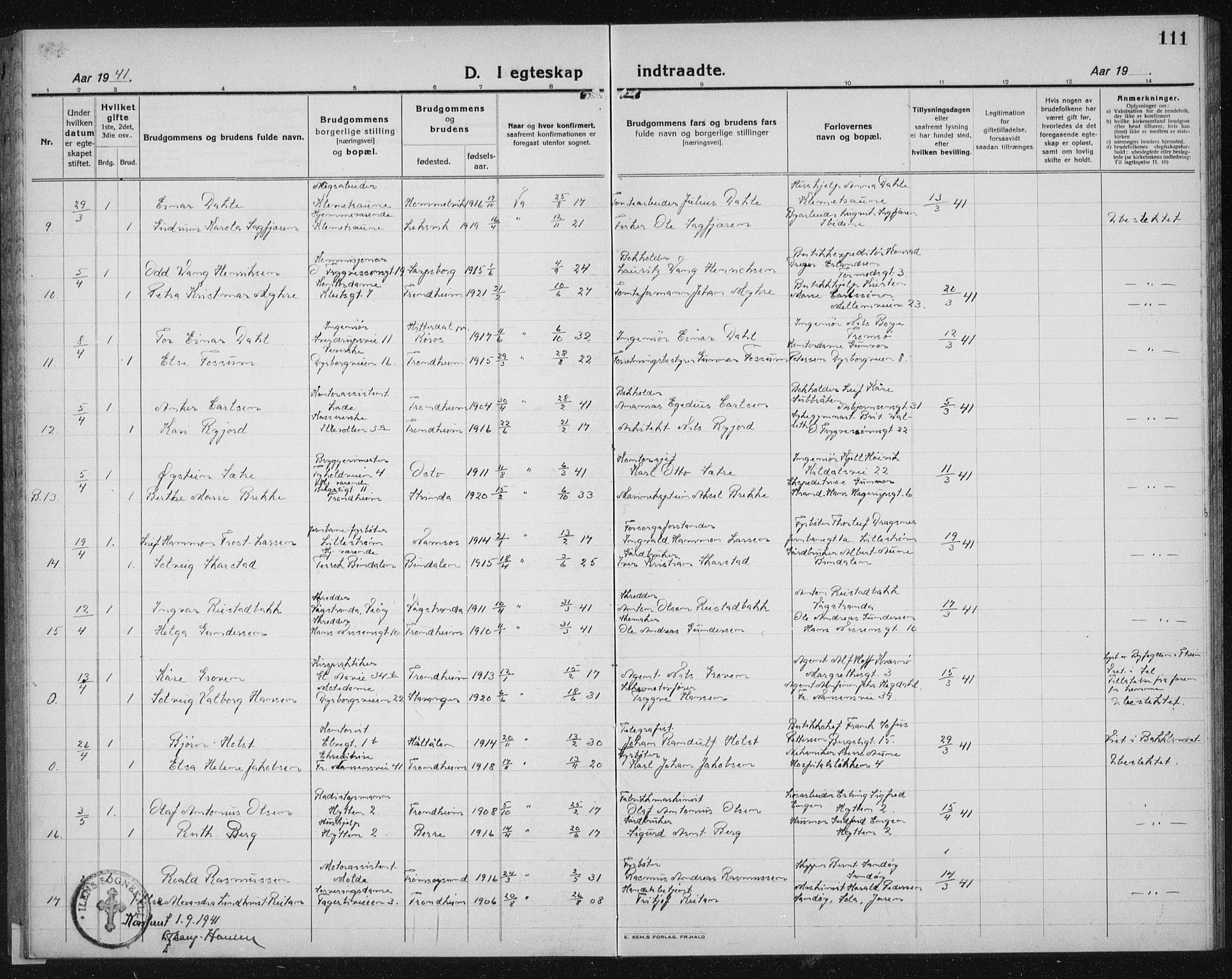 Ministerialprotokoller, klokkerbøker og fødselsregistre - Sør-Trøndelag, AV/SAT-A-1456/603/L0176: Parish register (copy) no. 603C04, 1923-1941, p. 111