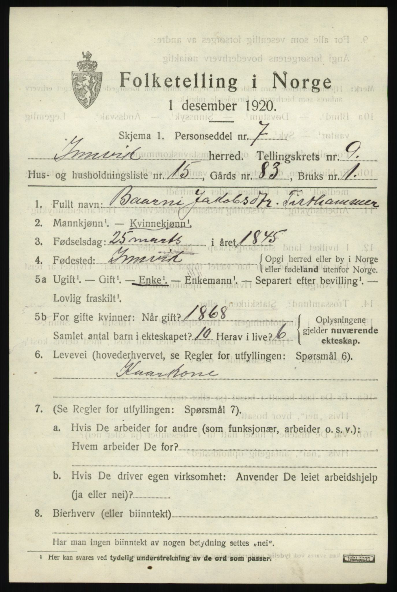 SAB, 1920 census for Innvik, 1920, p. 4099