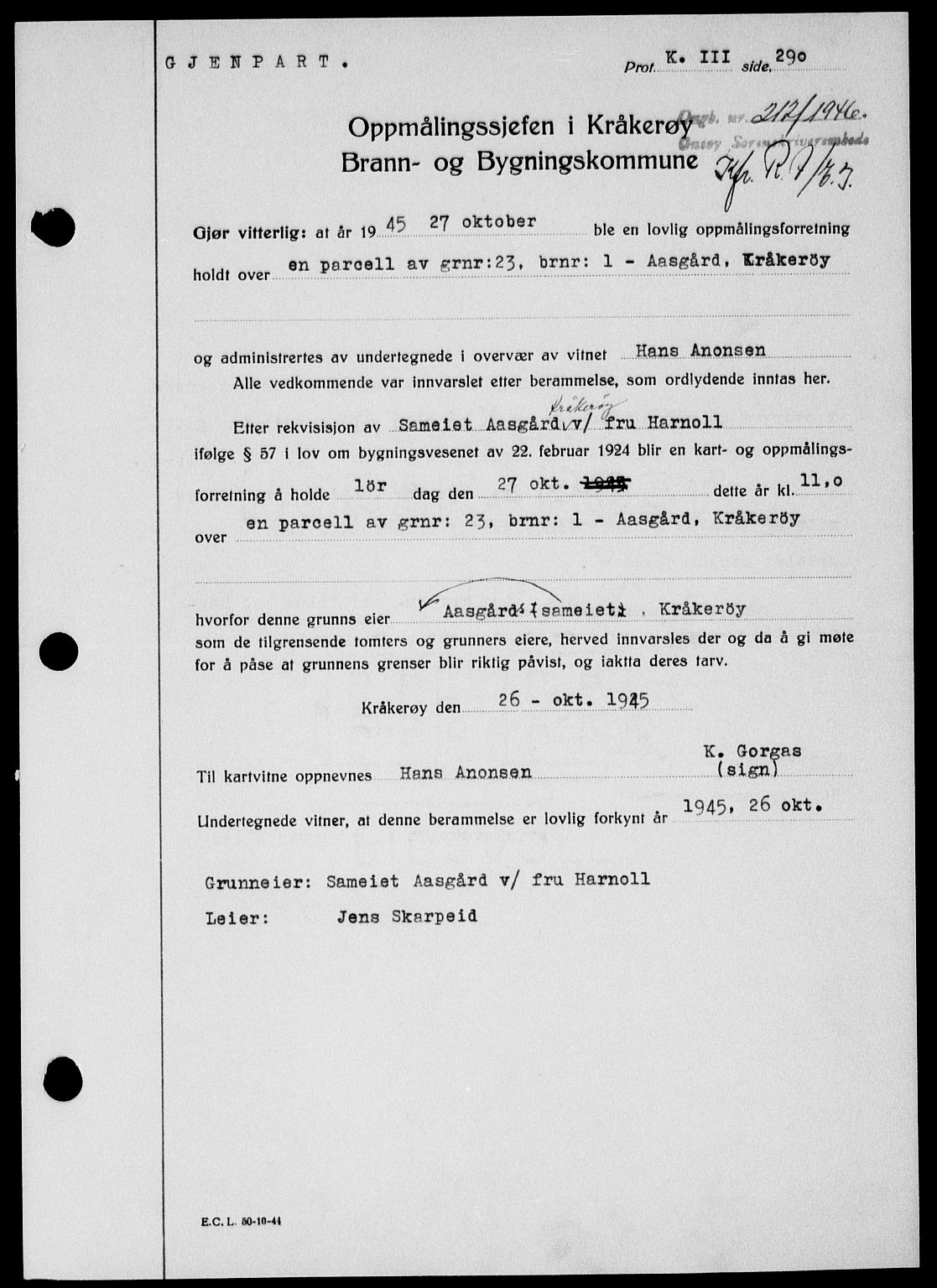 Onsøy sorenskriveri, SAO/A-10474/G/Ga/Gab/L0015: Mortgage book no. II A-15, 1945-1946, Diary no: : 212/1946