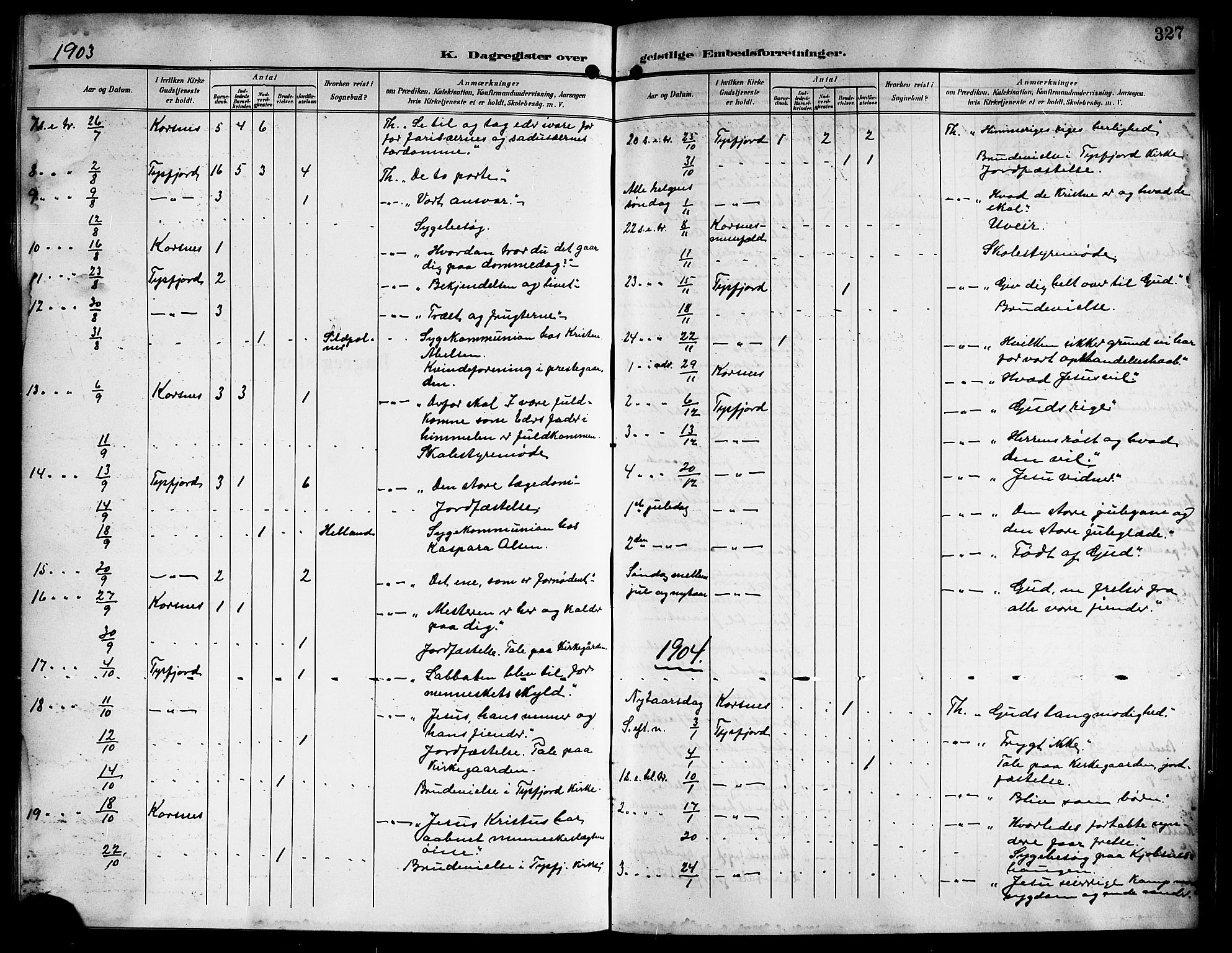 Ministerialprotokoller, klokkerbøker og fødselsregistre - Nordland, AV/SAT-A-1459/861/L0877: Parish register (copy) no. 861C03, 1903-1919, p. 327