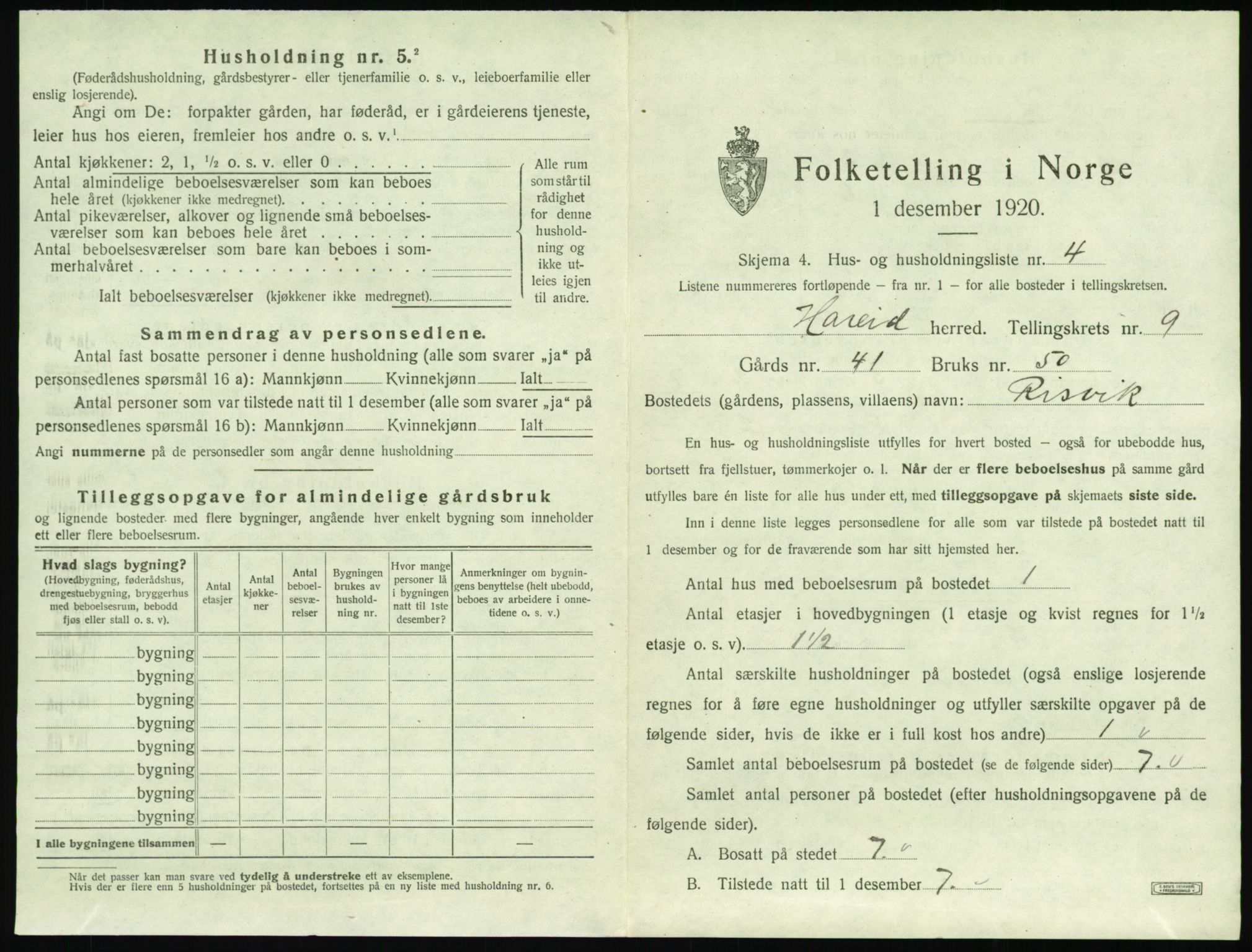 SAT, 1920 census for Hareid, 1920, p. 443