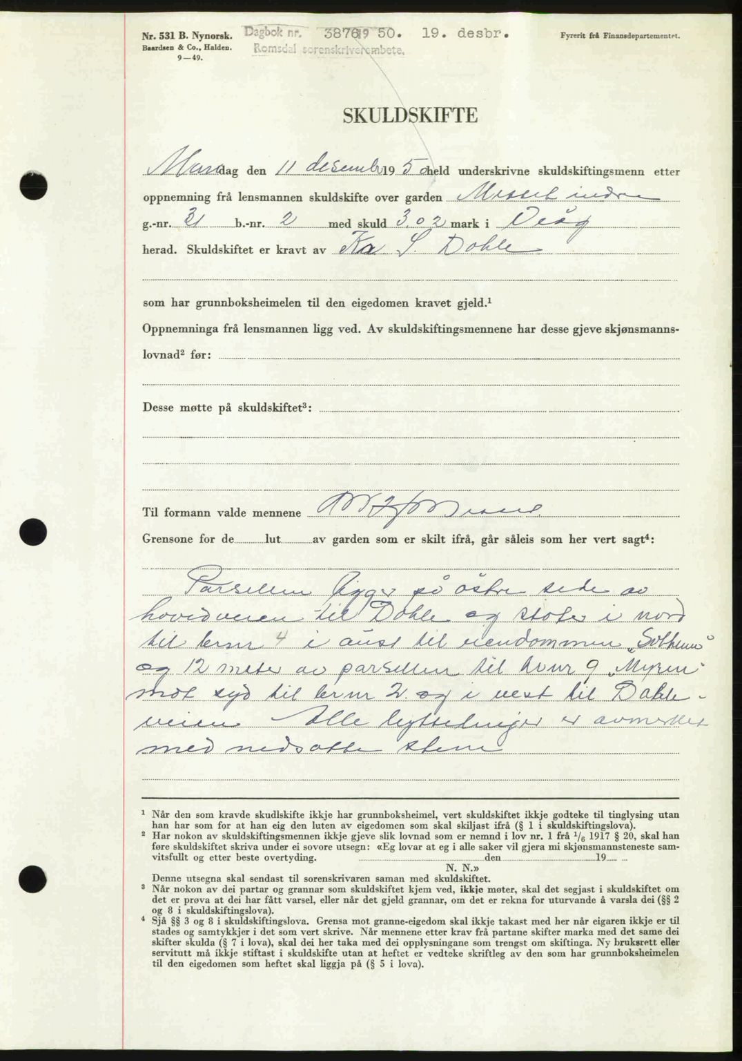 Romsdal sorenskriveri, AV/SAT-A-4149/1/2/2C: Mortgage book no. A35, 1950-1950, Diary no: : 3876/1950