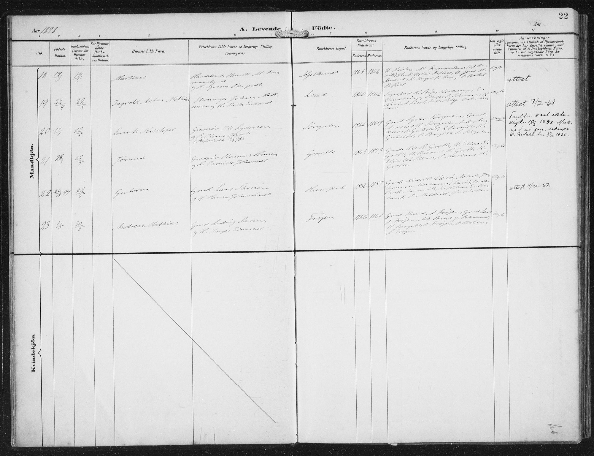 Bremanger sokneprestembete, AV/SAB-A-82201/H/Haa/Haab/L0002: Parish register (official) no. B  2, 1896-1908, p. 22