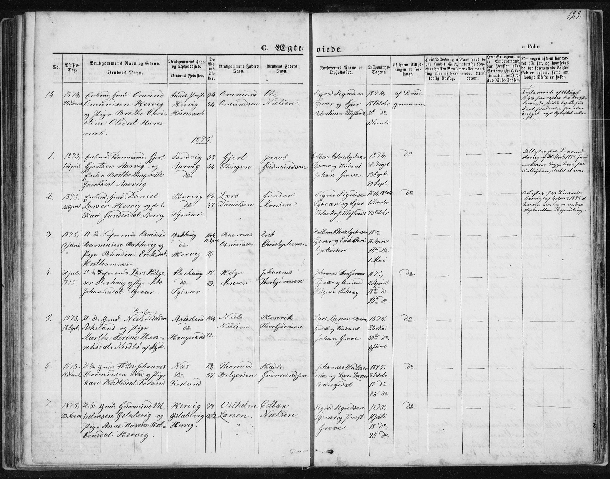 Tysvær sokneprestkontor, SAST/A -101864/H/Ha/Haa/L0005: Parish register (official) no. A 5, 1865-1878, p. 122