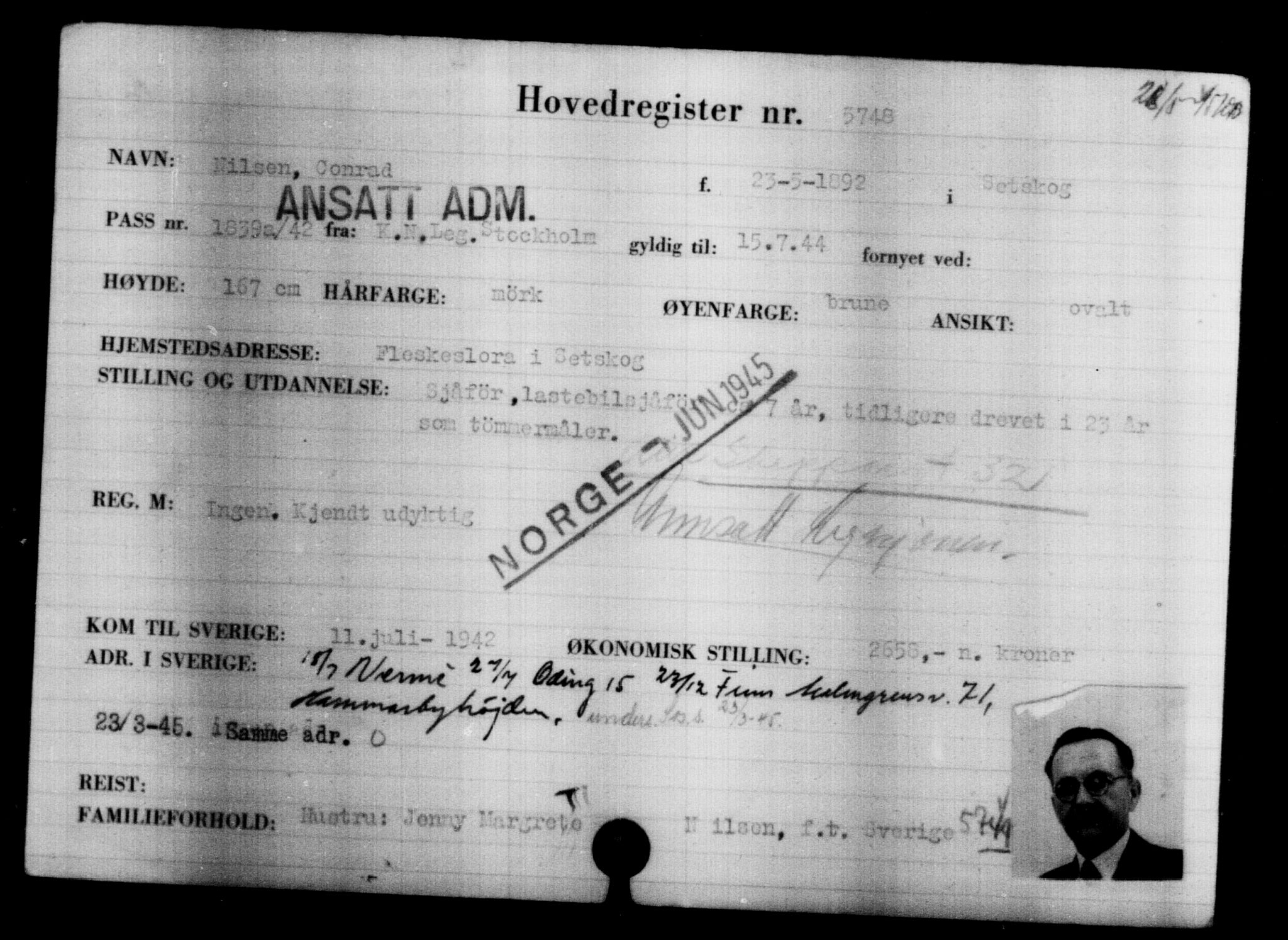 Utenriksstasjonene, Legasjonen i Stockholm, Flyktningkontoret, AV/RA-S-6753/V/Va/L0004: Kjesäterkartoteket, flyktninger med registreringsnr. 3496-6610, 1940-1945, p. 2611