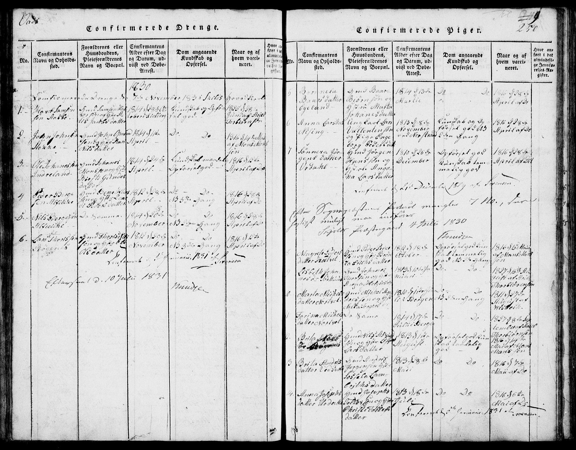 Skjold sokneprestkontor, AV/SAST-A-101847/H/Ha/Hab/L0002: Parish register (copy) no. B 2 /2, 1815-1830, p. 250