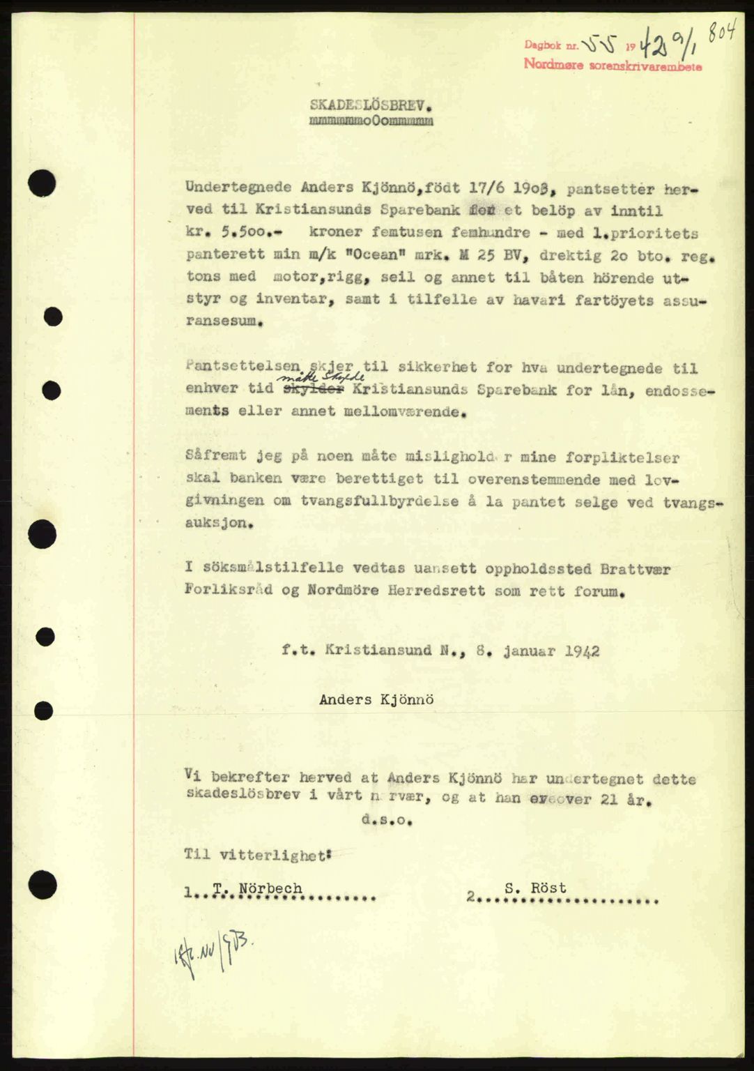 Nordmøre sorenskriveri, SAT/A-4132/1/2/2Ca: Mortgage book no. B88, 1941-1942, Diary no: : 55/1942