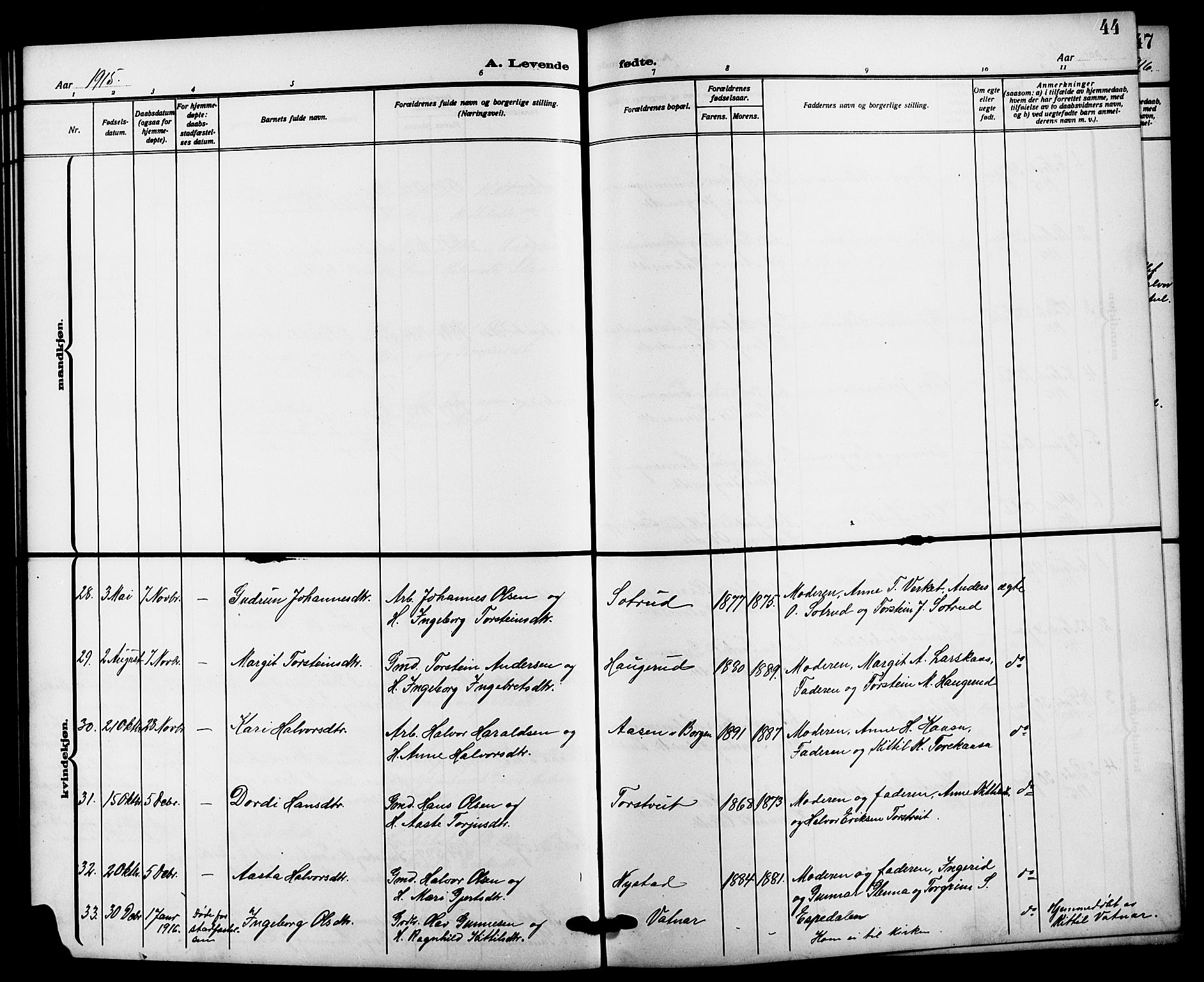 Bø kirkebøker, SAKO/A-257/G/Ga/L0007: Parish register (copy) no. 7, 1909-1924, p. 44