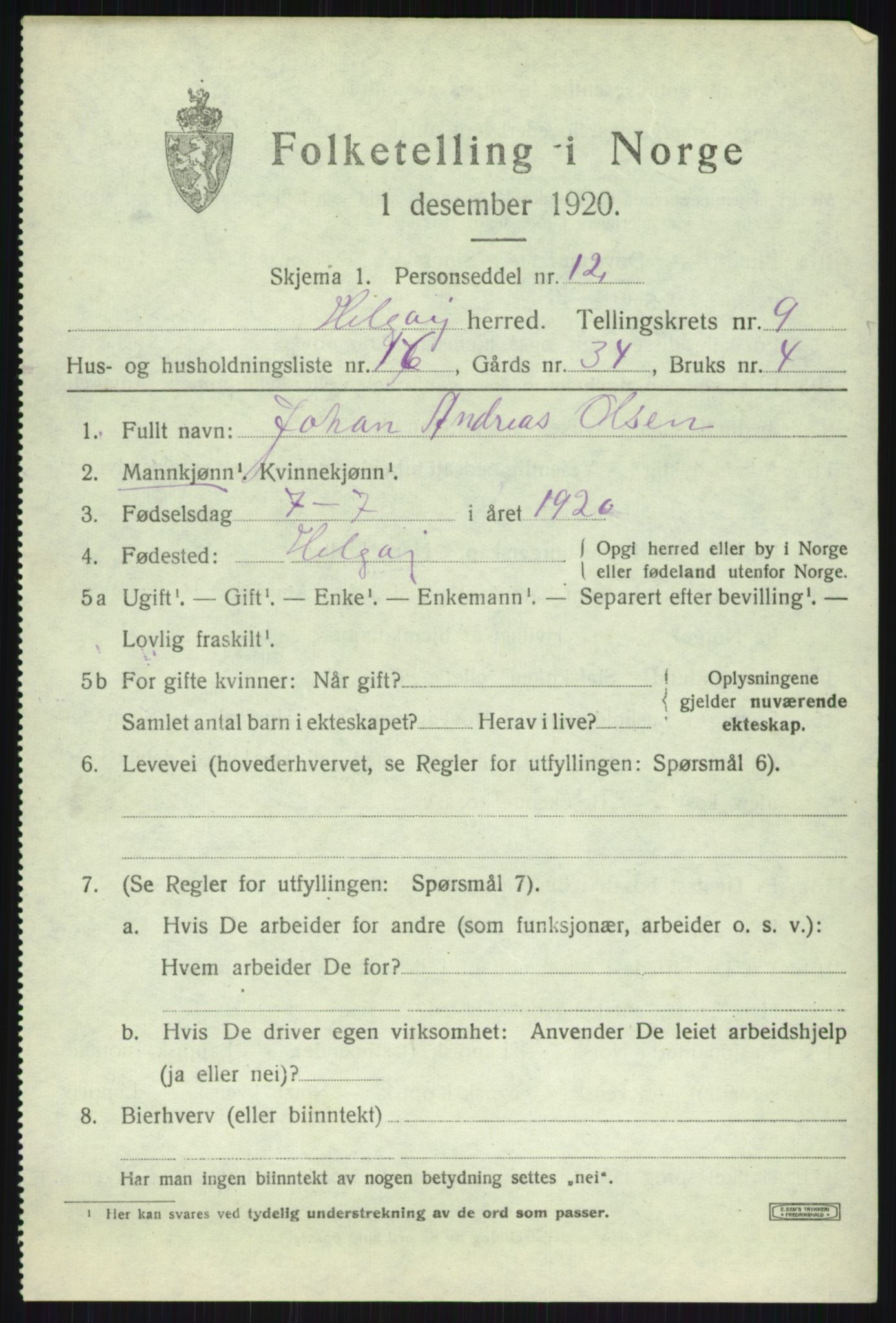 SATØ, 1920 census for Helgøy, 1920, p. 3499