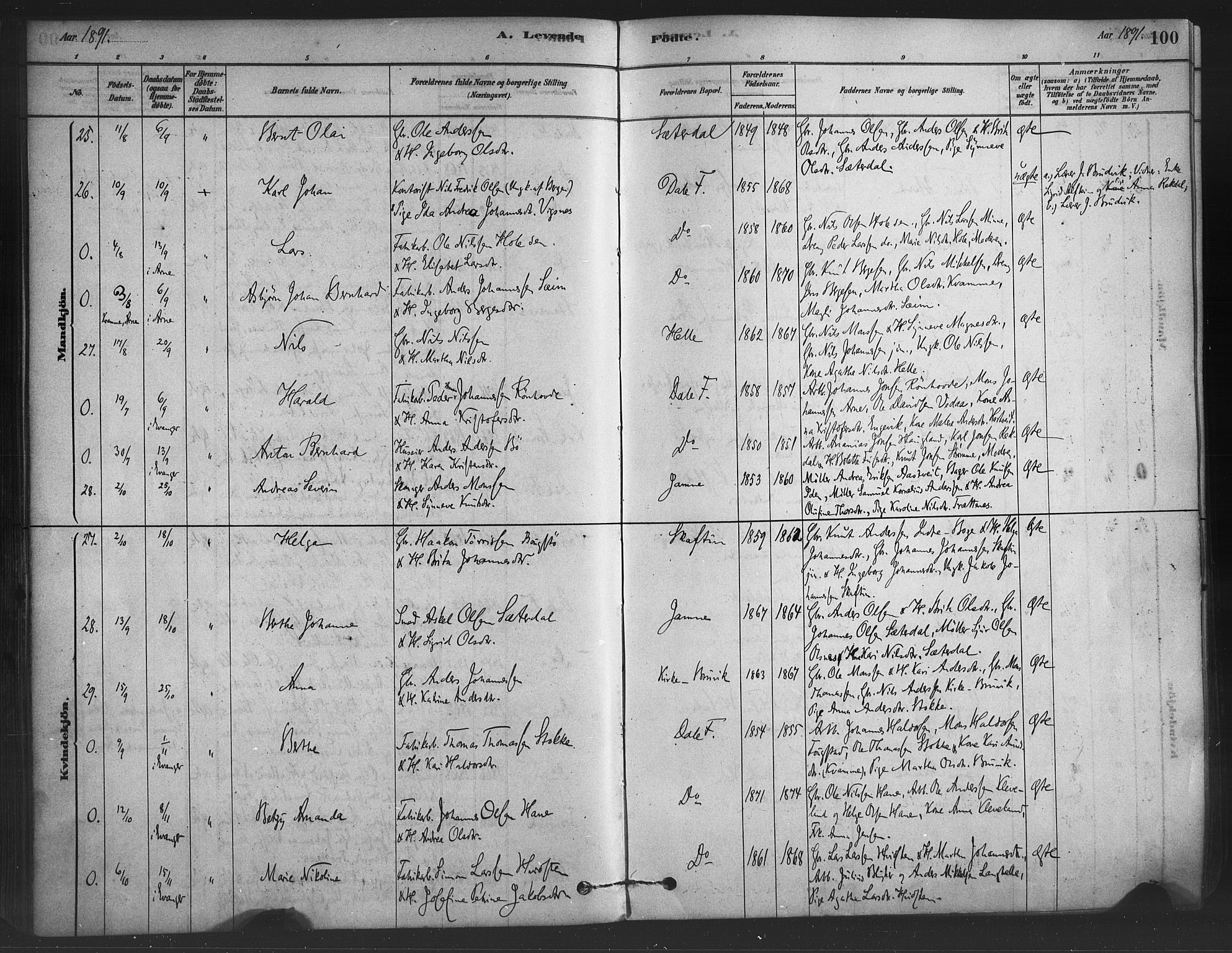 Bruvik Sokneprestembete, SAB/A-74701/H/Haa: Parish register (official) no. B 1, 1878-1904, p. 100