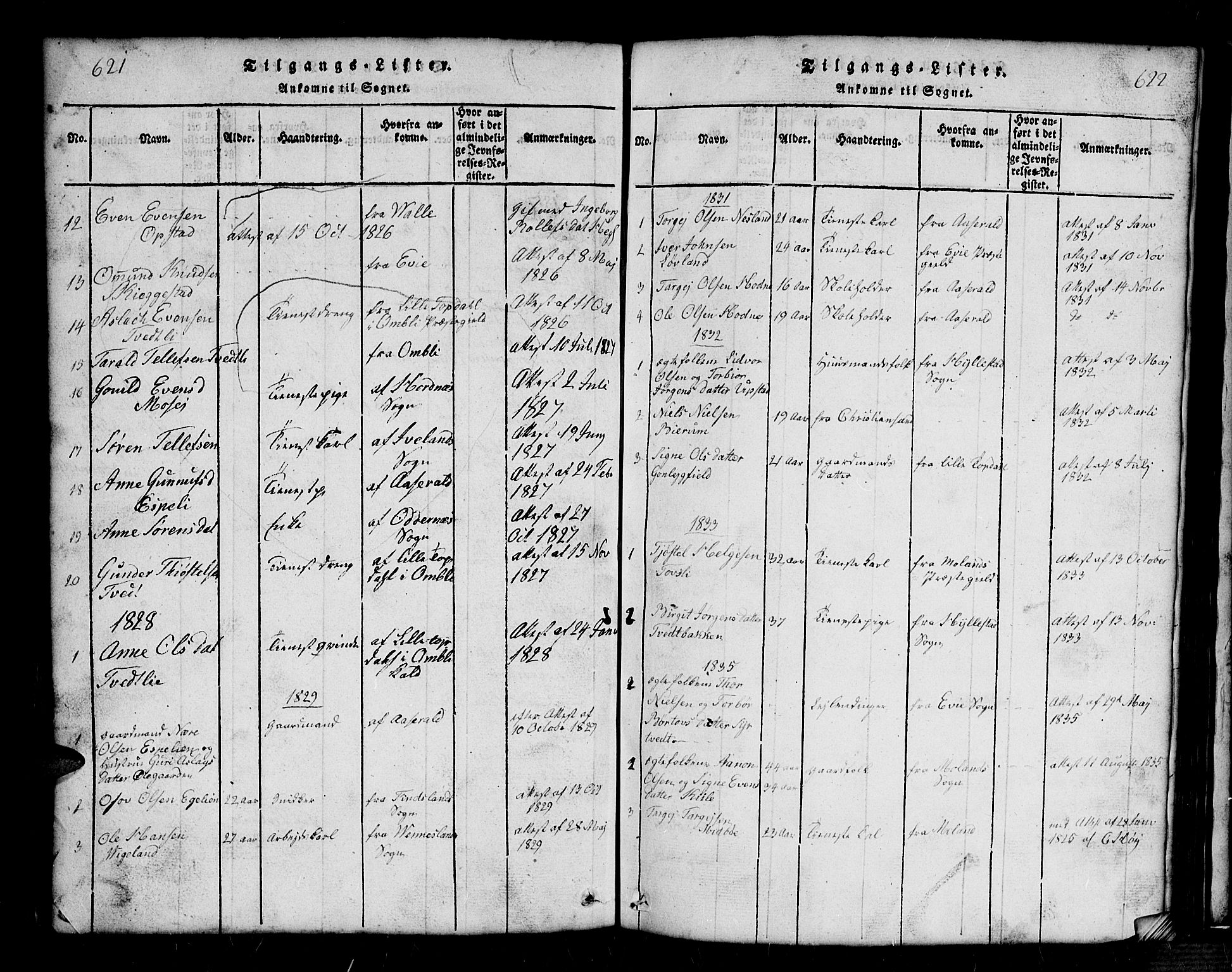 Bygland sokneprestkontor, SAK/1111-0006/F/Fb/Fbb/L0001: Parish register (copy) no. B 1, 1816-1843, p. 622-623