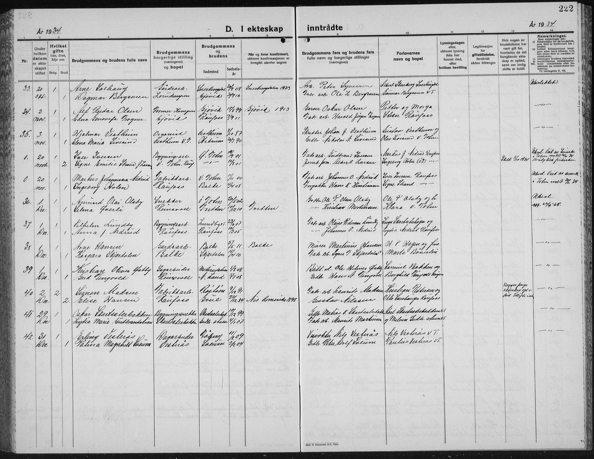 Vestre Toten prestekontor, SAH/PREST-108/H/Ha/Hab/L0018: Parish register (copy) no. 18, 1928-1941, p. 222