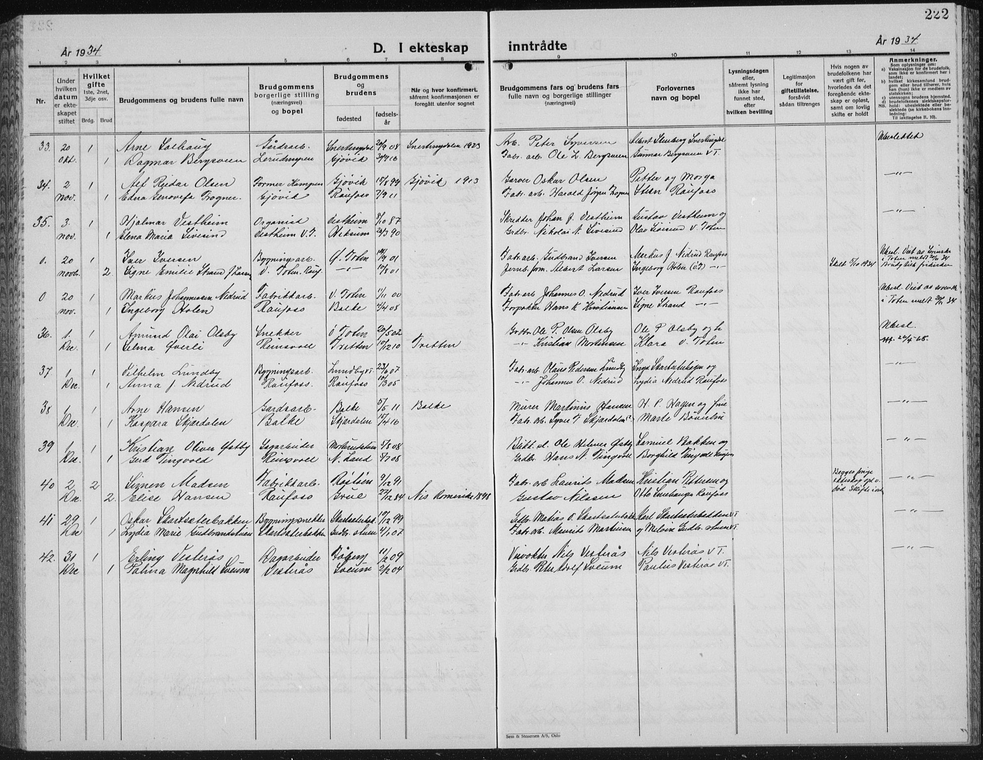 Vestre Toten prestekontor, AV/SAH-PREST-108/H/Ha/Hab/L0018: Parish register (copy) no. 18, 1928-1941, p. 222