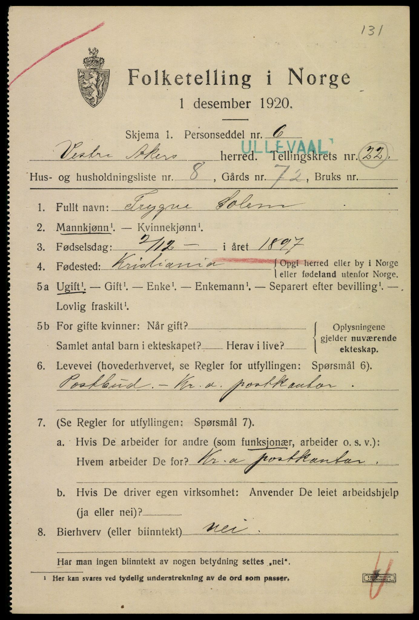 SAO, 1920 census for Aker, 1920, p. 125890