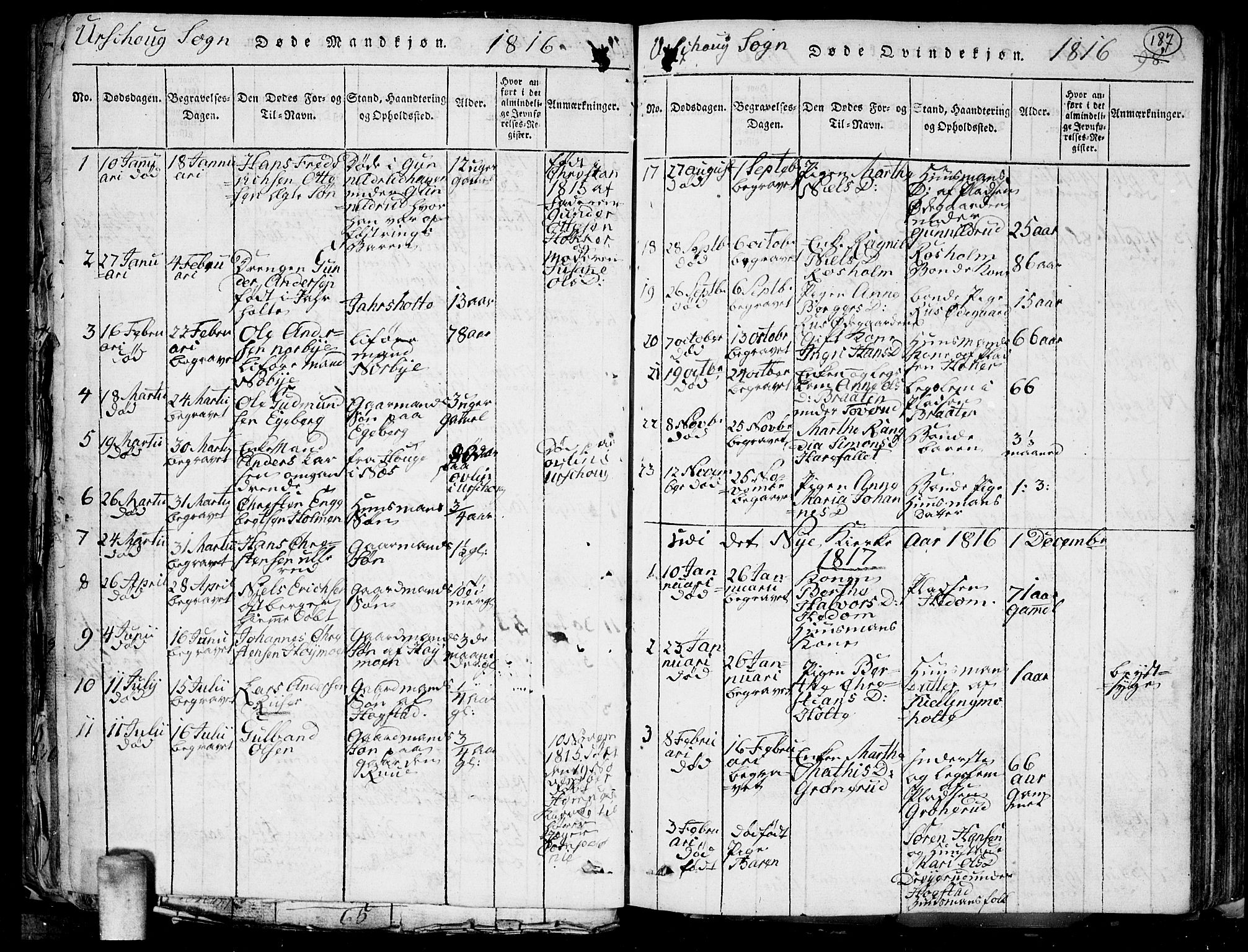 Aurskog prestekontor Kirkebøker, SAO/A-10304a/G/Ga/L0001: Parish register (copy) no. I 1, 1814-1829, p. 187