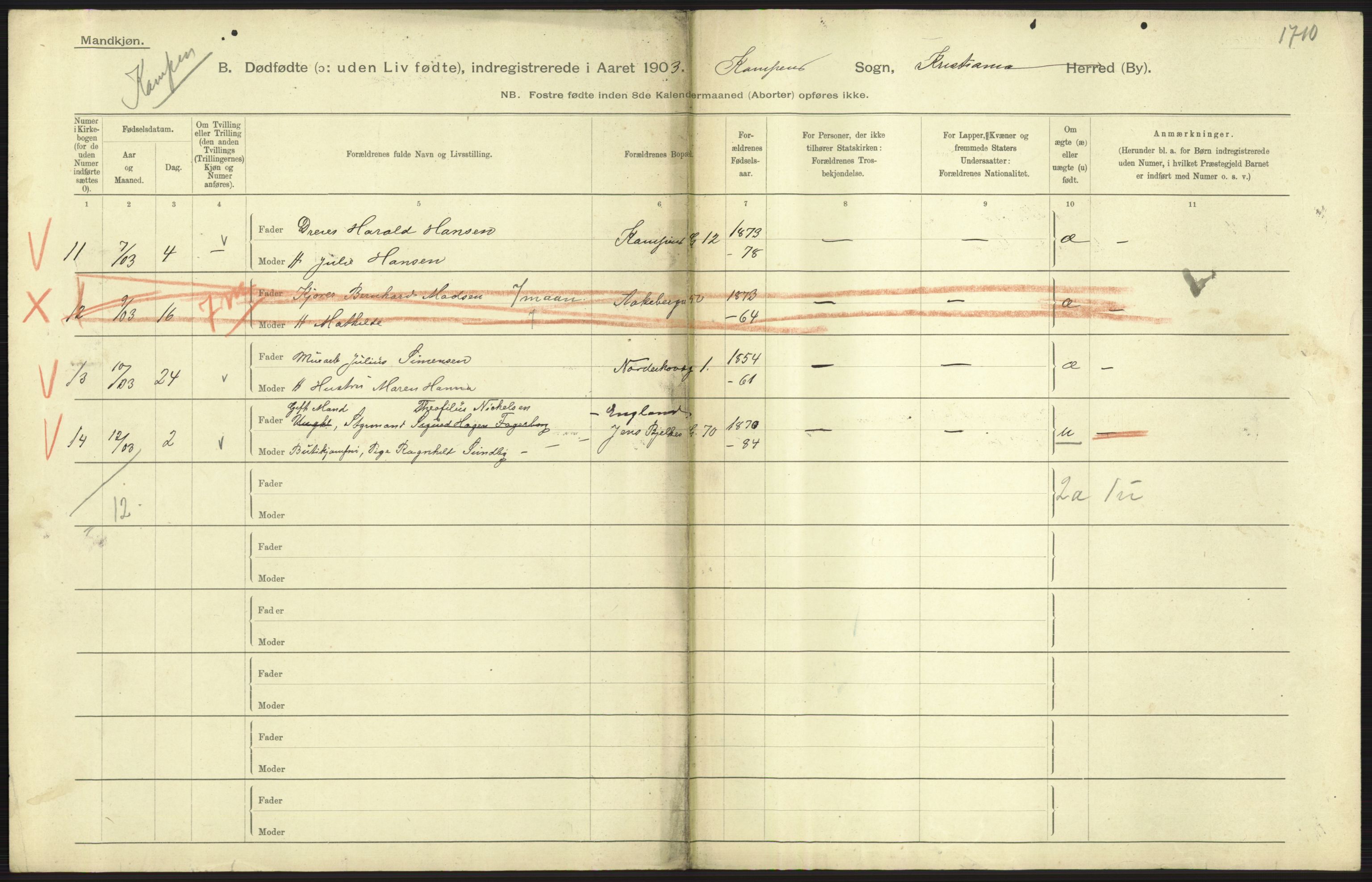 Statistisk sentralbyrå, Sosiodemografiske emner, Befolkning, AV/RA-S-2228/D/Df/Dfa/Dfaa/L0026: Smålenenes - Finnmarkens amt: Dødfødte. Byer., 1903, p. 43