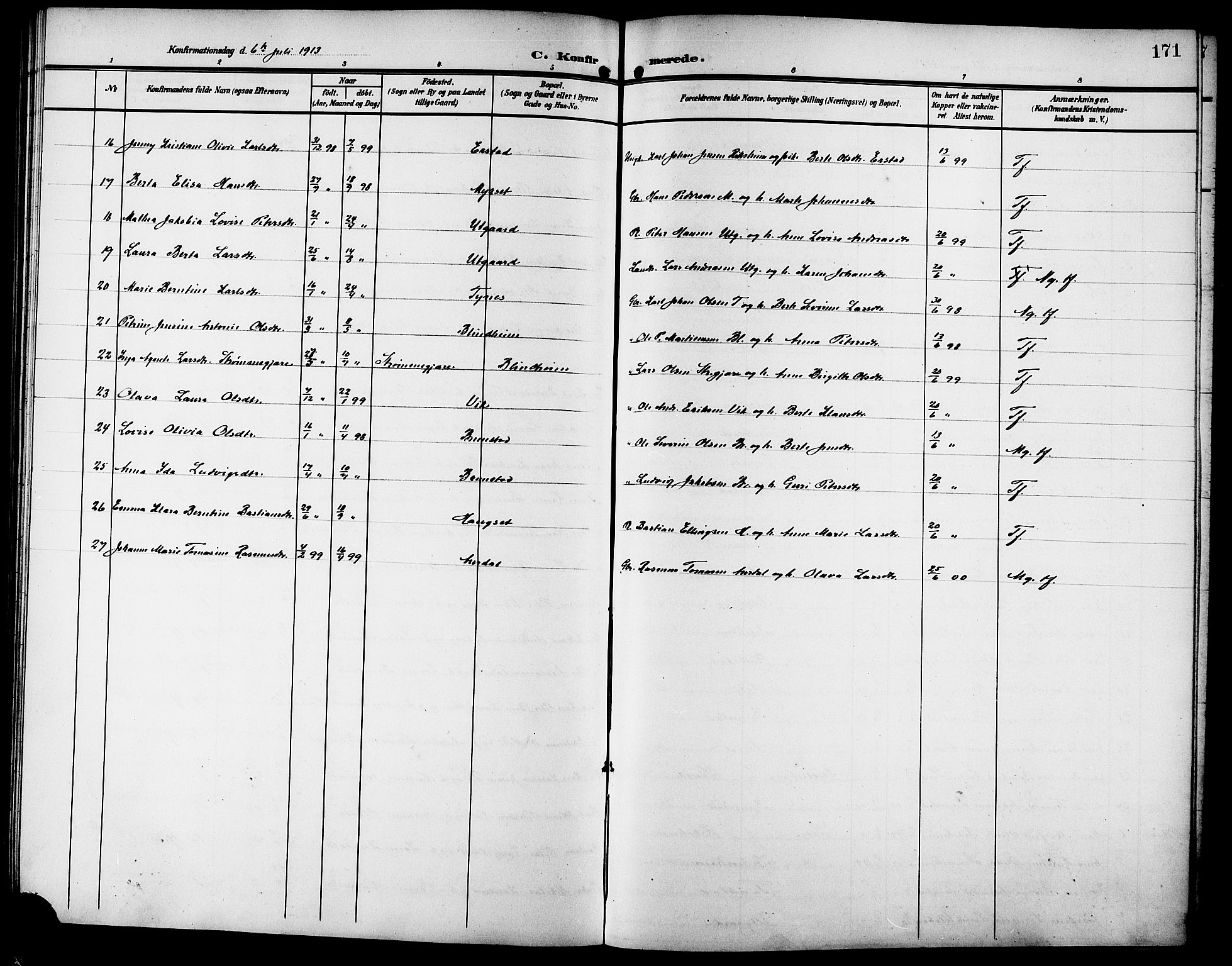 Ministerialprotokoller, klokkerbøker og fødselsregistre - Møre og Romsdal, SAT/A-1454/523/L0341: Parish register (copy) no. 523C04, 1903-1916, p. 171