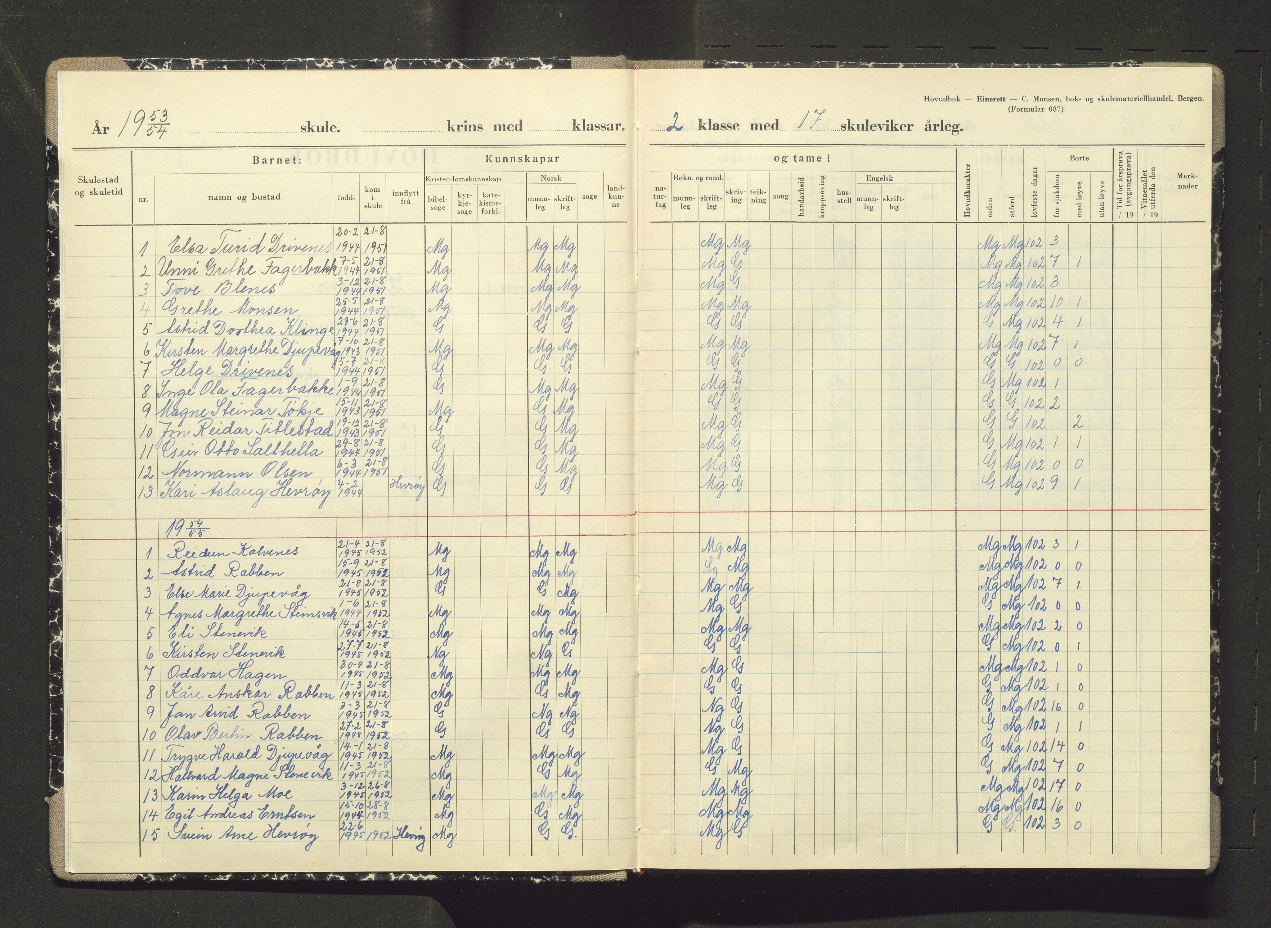 Austevoll kommune. Barneskulane, IKAH/1244-231/F/Fb/L0004: Karakterprotokoll for Selbjørn skule, 1953-1959
