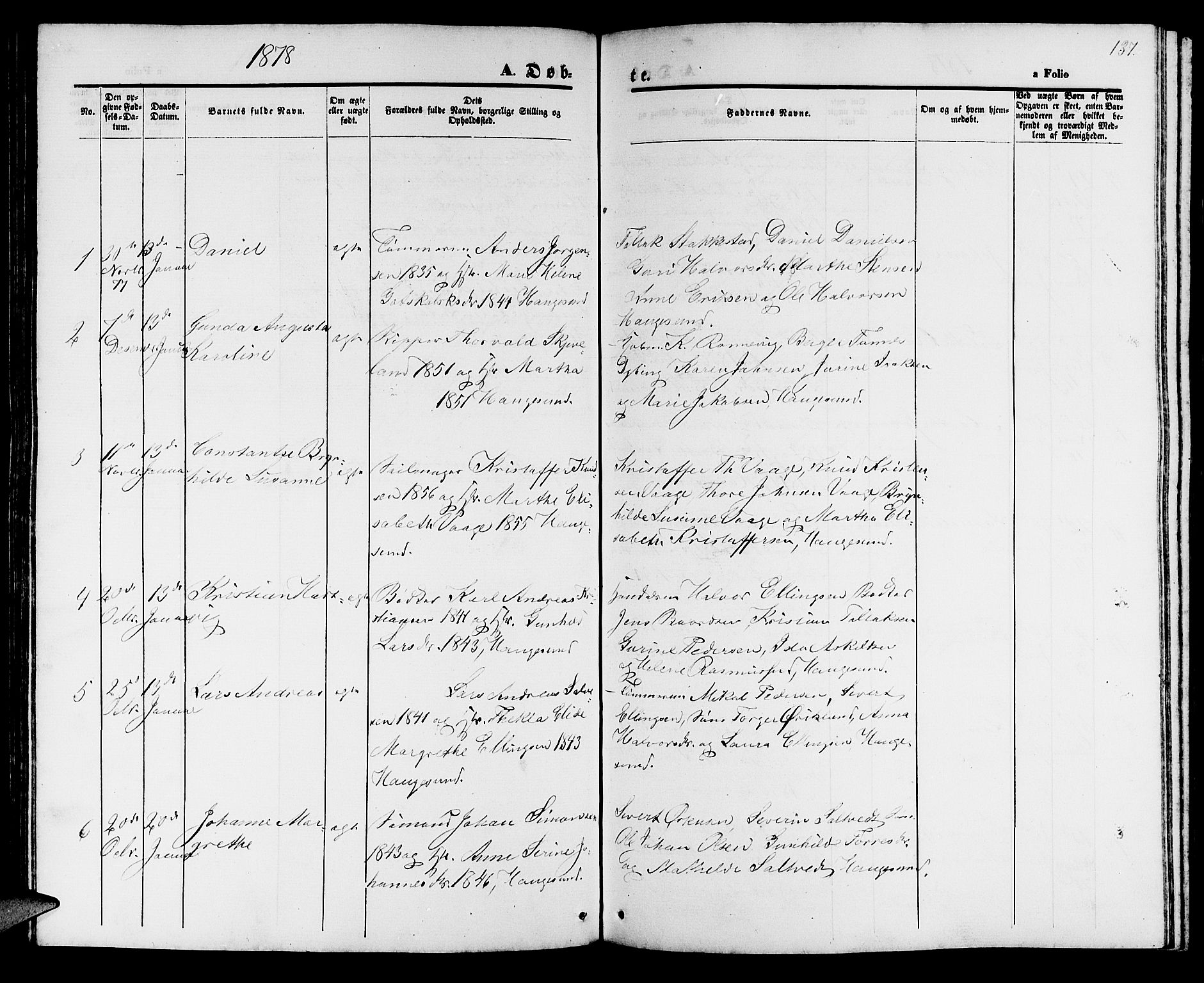 Haugesund sokneprestkontor, AV/SAST-A -101863/H/Ha/Hab/L0001: Parish register (copy) no. B 1, 1873-1881, p. 137