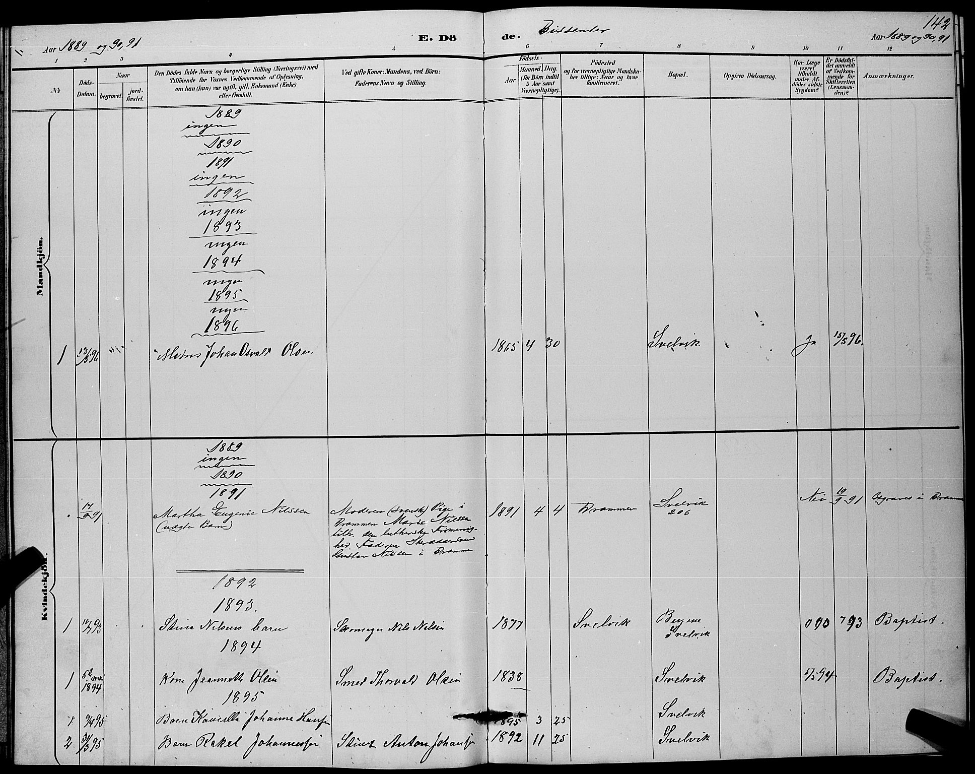 Strømm kirkebøker, AV/SAKO-A-322/G/Gb/L0001: Parish register (copy) no. II 1, 1889-1896, p. 142