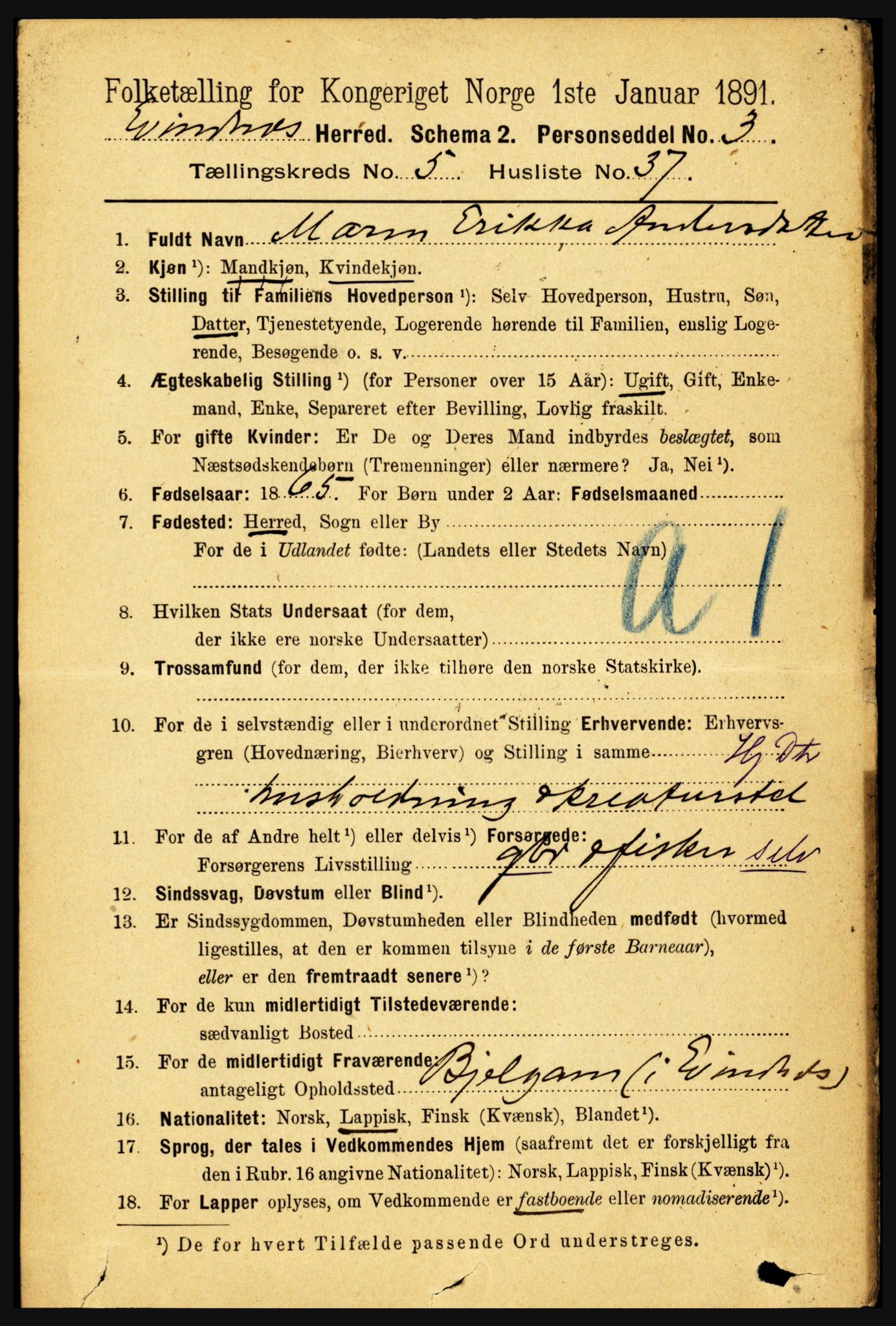 RA, 1891 census for 1853 Evenes, 1891, p. 1876