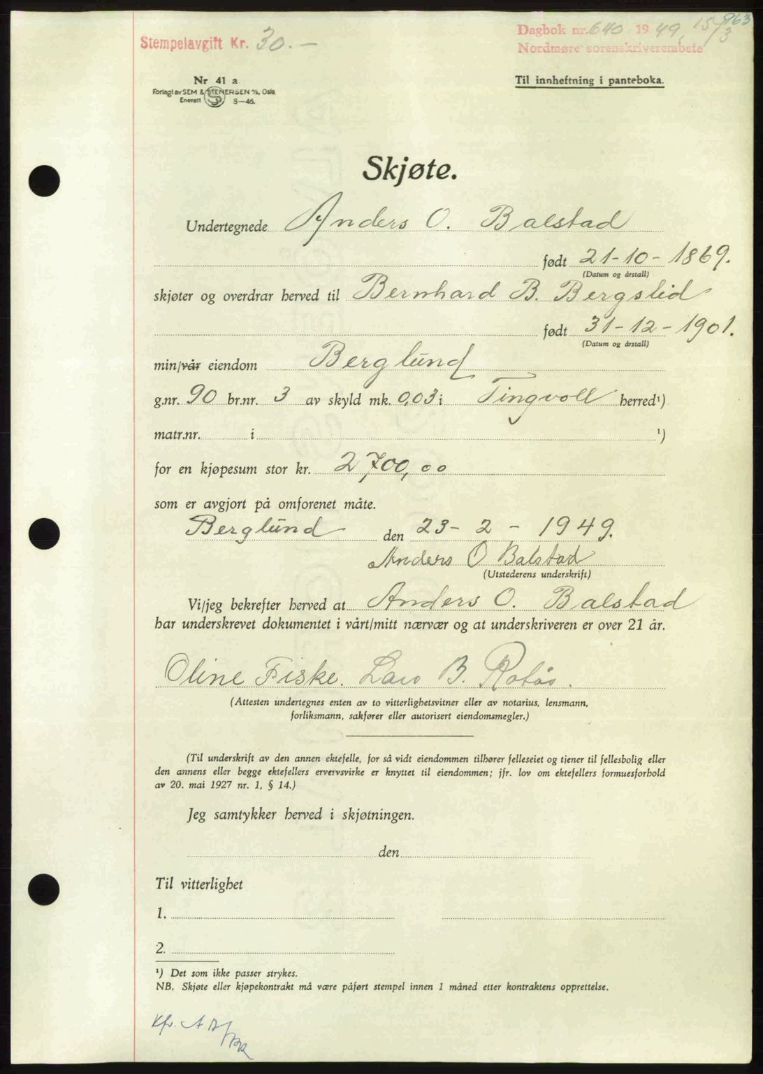 Nordmøre sorenskriveri, AV/SAT-A-4132/1/2/2Ca: Mortgage book no. A110, 1948-1949, Diary no: : 640/1949