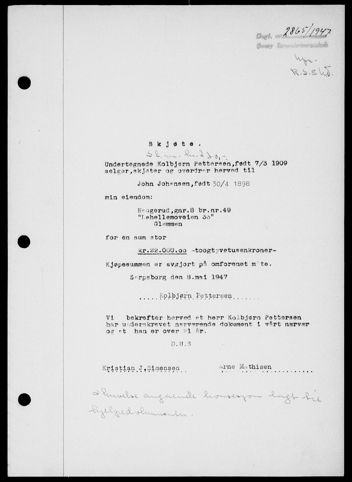 Onsøy sorenskriveri, SAO/A-10474/G/Ga/Gab/L0021: Mortgage book no. II A-21, 1947-1947, Diary no: : 2865/1947