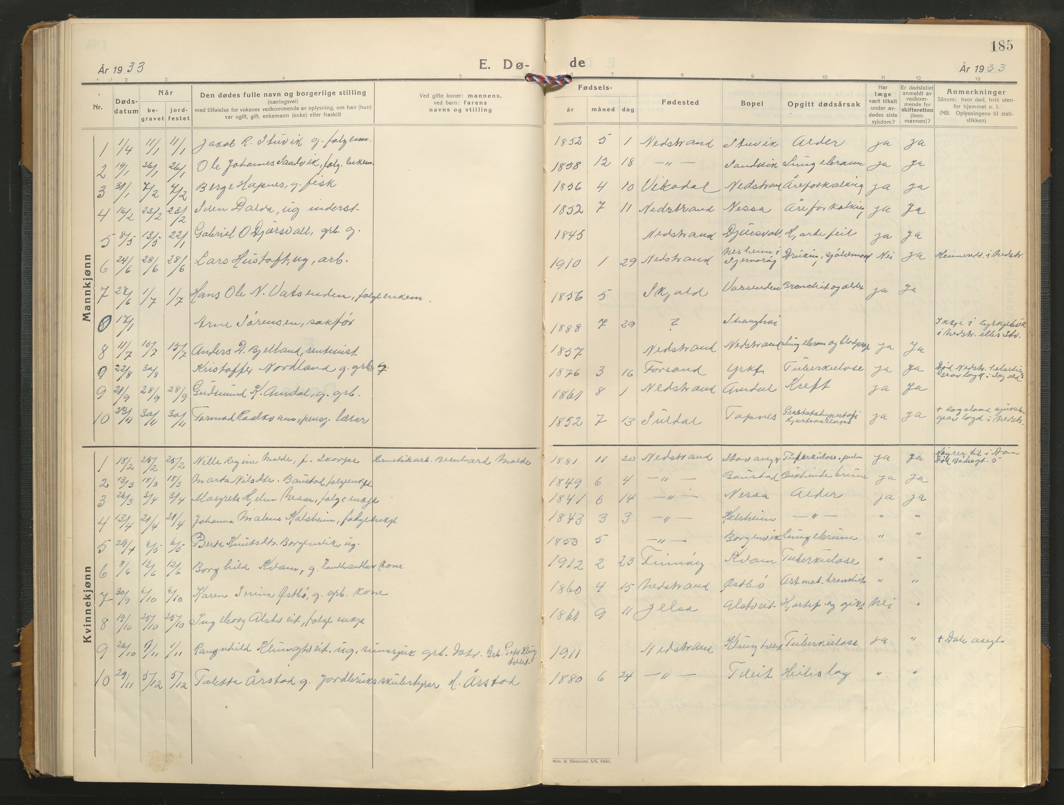 Nedstrand sokneprestkontor, SAST/A-101841/01/V/L0004: Parish register (copy) no. B 4, 1933-1961, p. 185