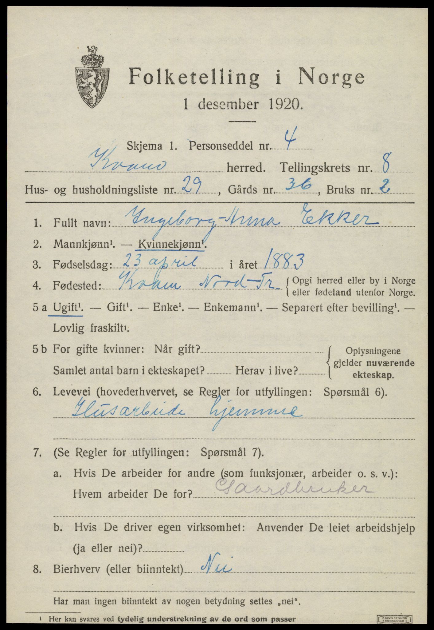 SAT, 1920 census for Kvam, 1920, p. 2319