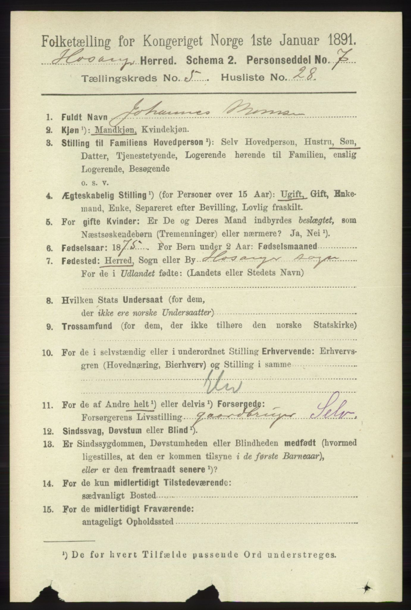 RA, 1891 census for 1253 Hosanger, 1891, p. 1988