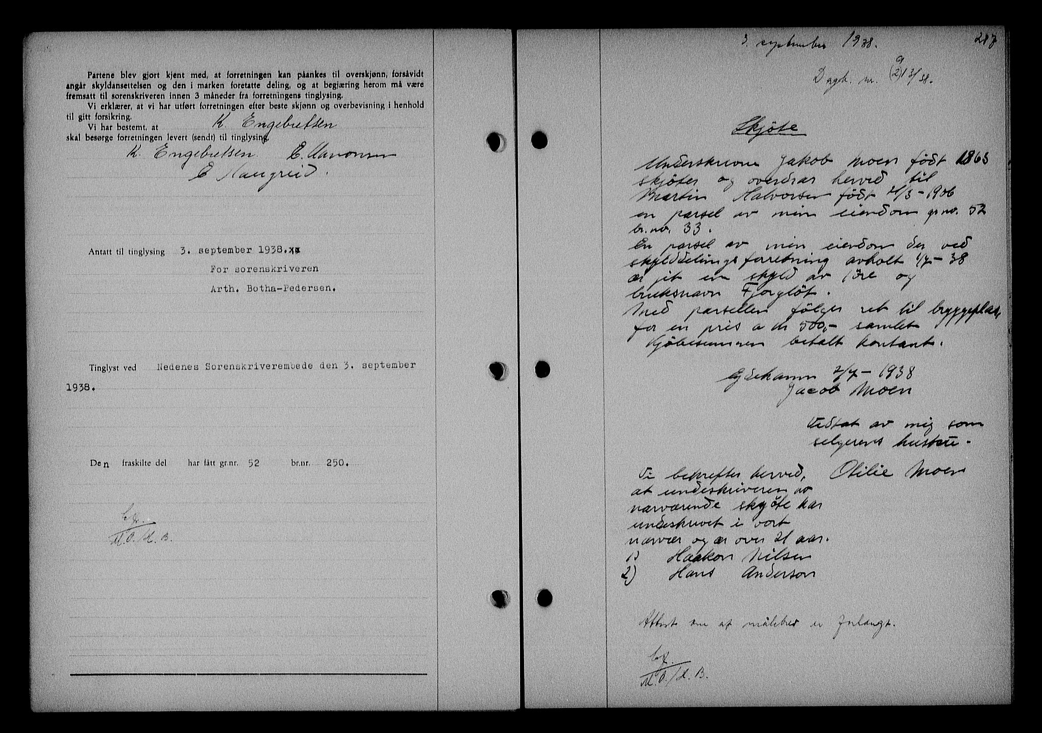 Nedenes sorenskriveri, SAK/1221-0006/G/Gb/Gba/L0045: Mortgage book no. 41, 1938-1938, Diary no: : 913/1938